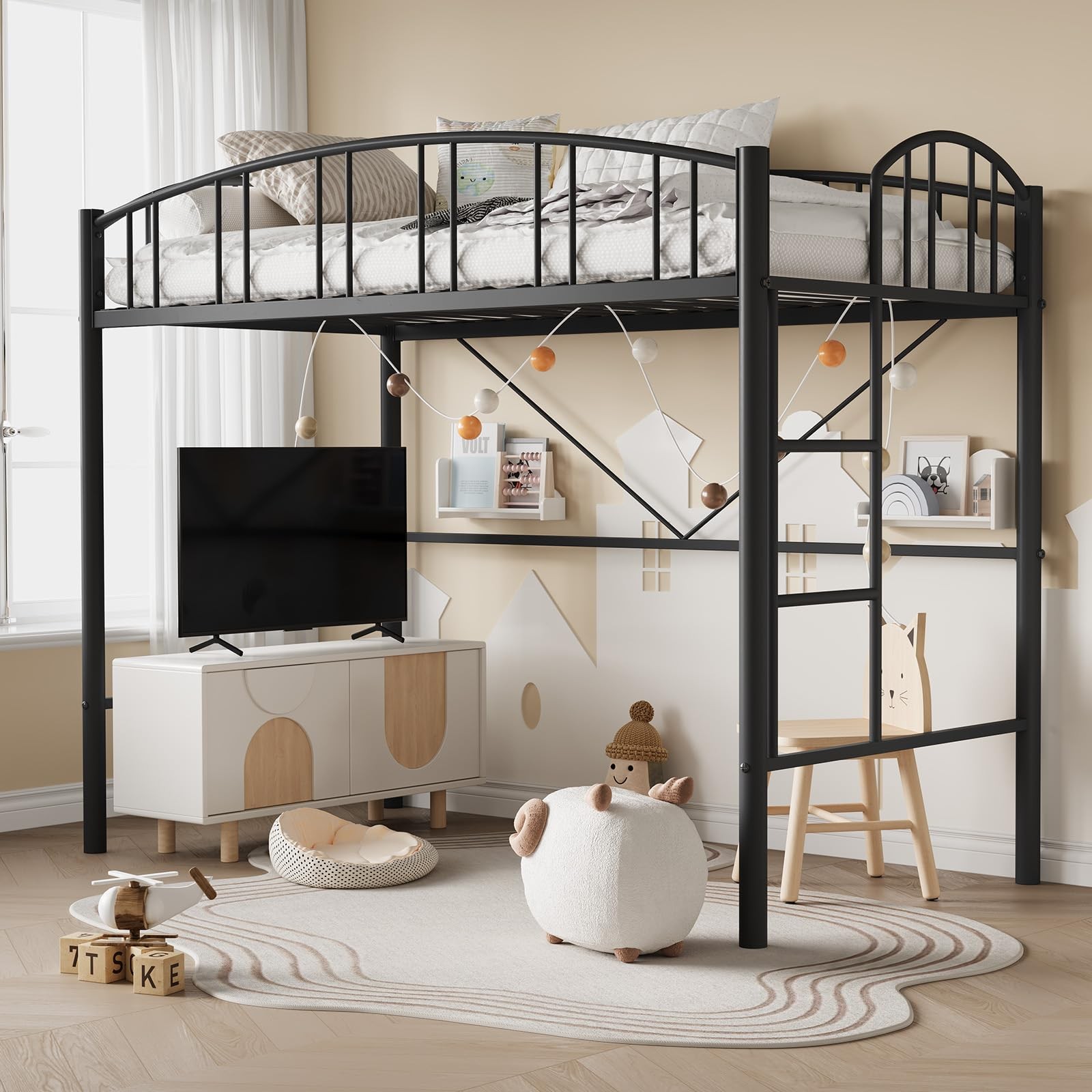 Metal Loft Bed Frame Twin Size, Sturdy with Safety Guardrail for Teens & Adults