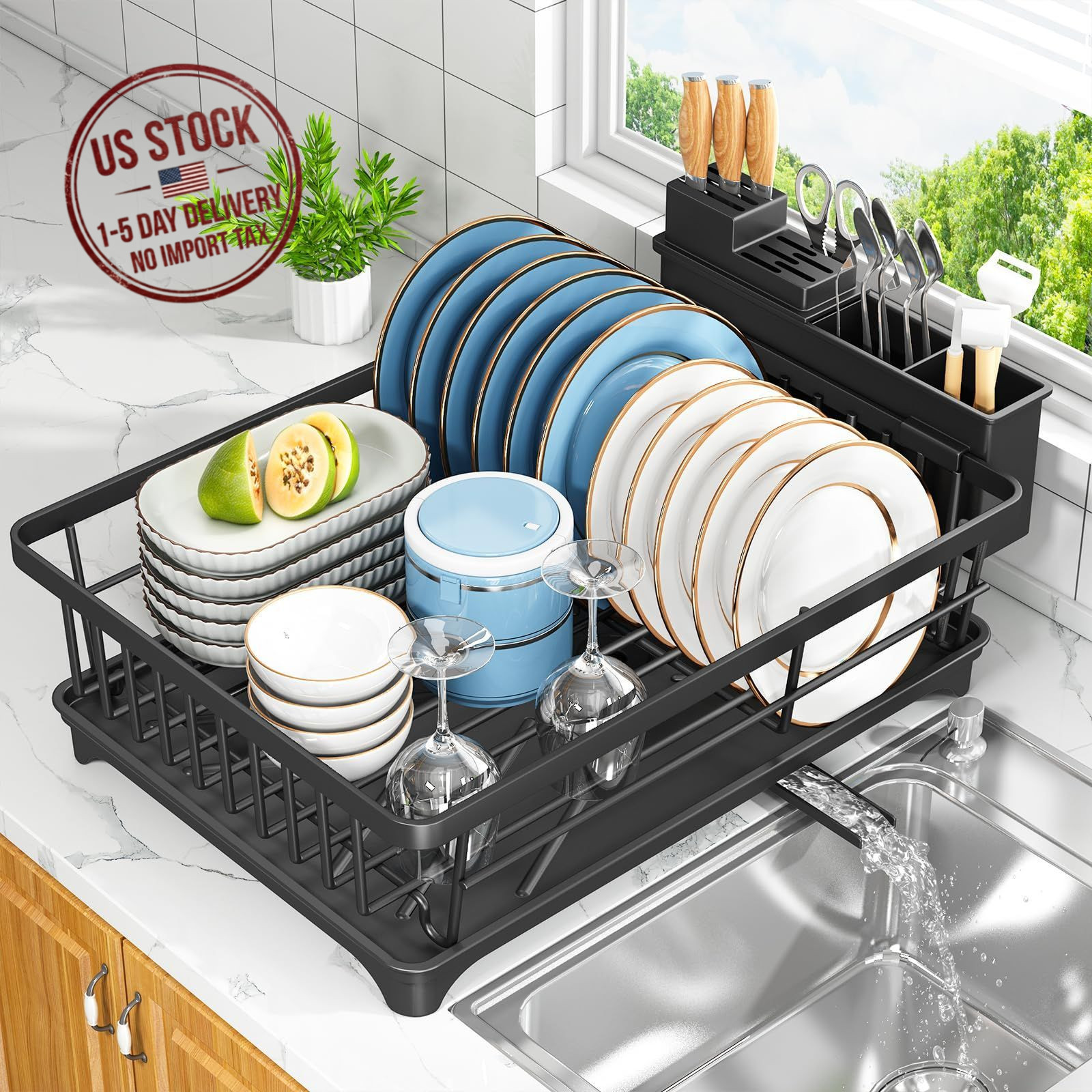Compact Dish Drying Rack, Rust-Resistant Kitchen Drainer with Utensil Holder