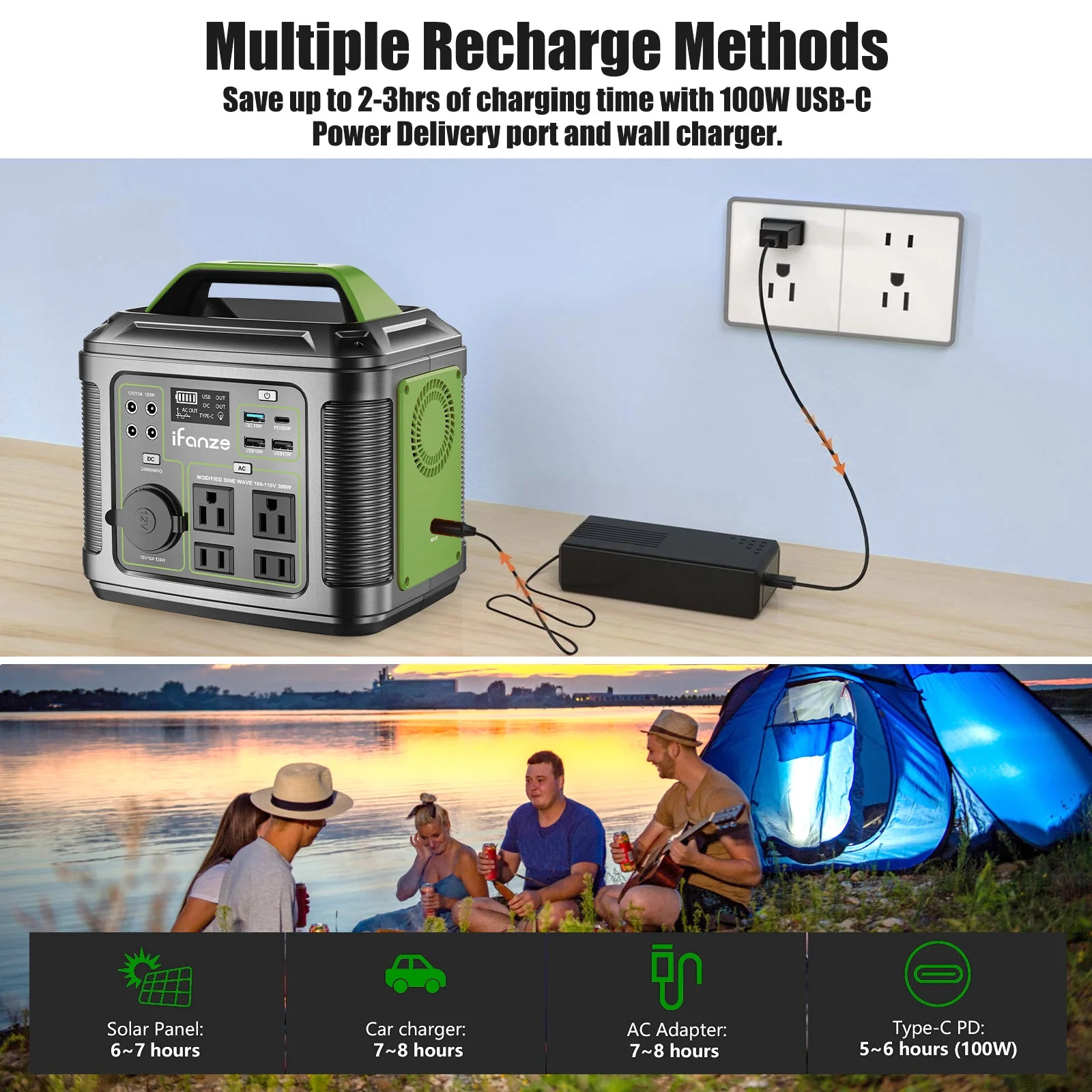 IFanze 300W Portable Power Station 296Wh 80000mAh Outdoor Solar Generator