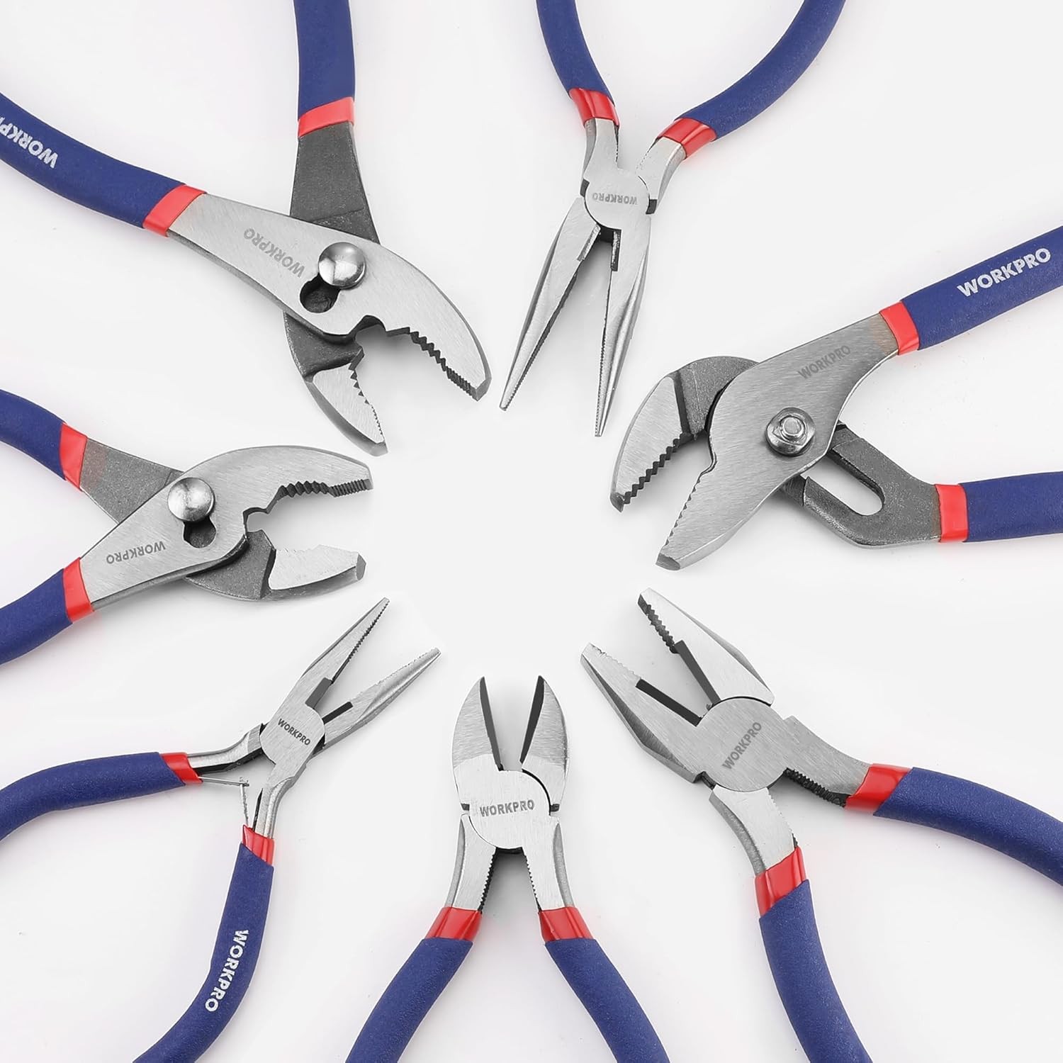 7PCS WORKPRO Plier Set Groove Joint Long Nose Slip Joint Linesman Diagonal Plier