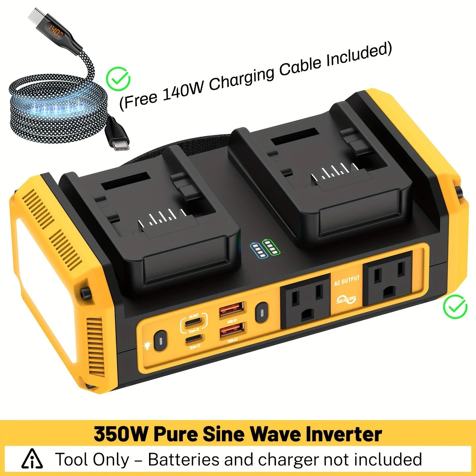 350W Pure Sine Wave Inverter Compatible with Dewalt 20V Battery Home Outdoor RV