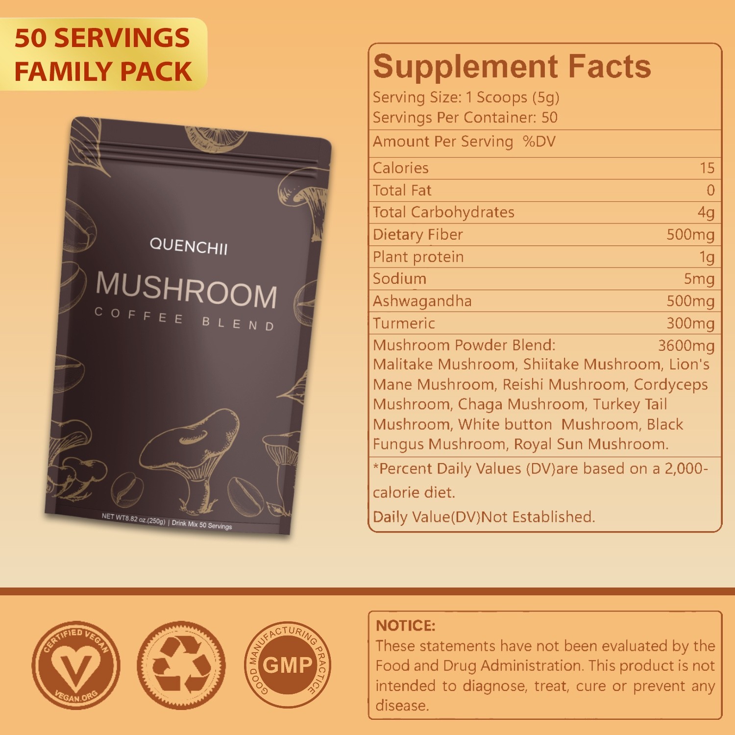 Mushroom Coffee Organic 10 Mushroom Blend Complex Coffee 50 Servings
