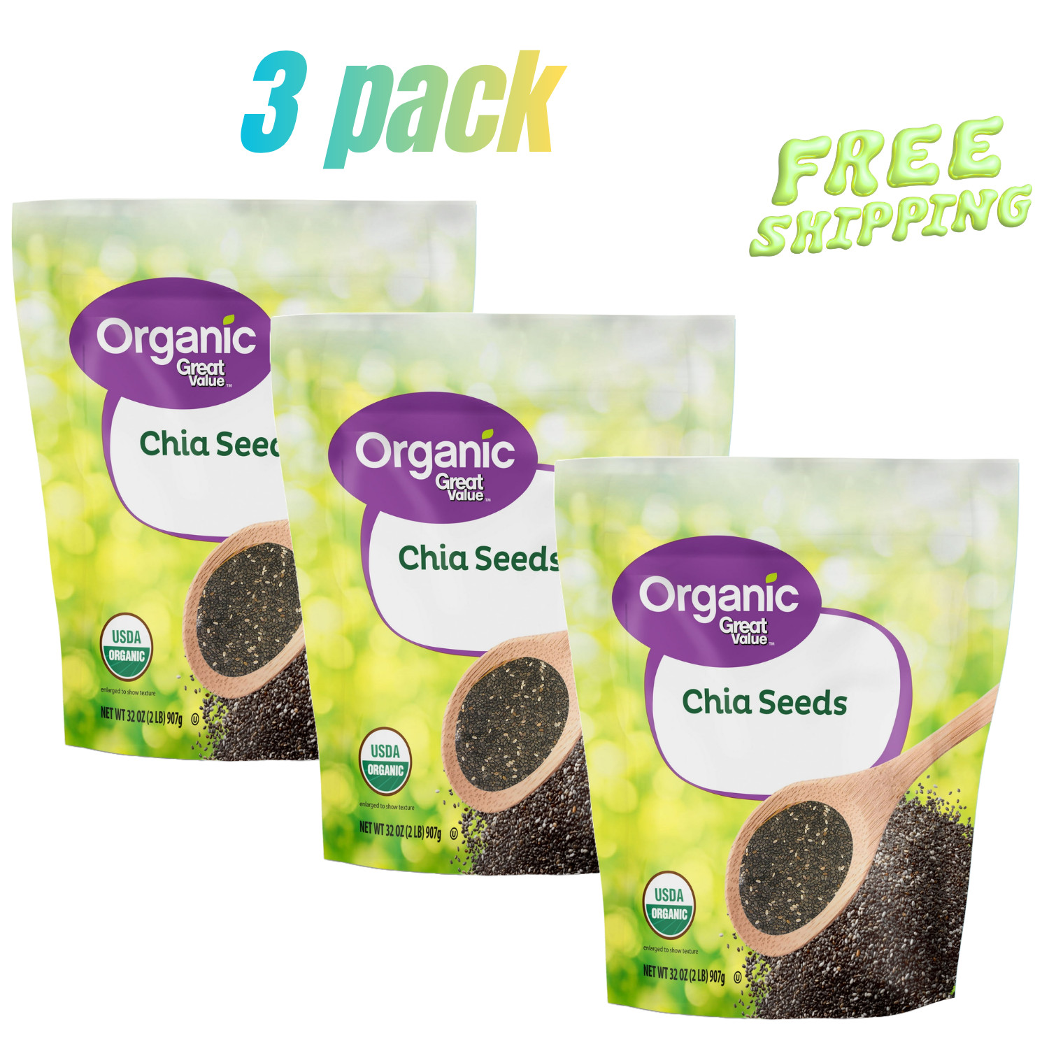 Great Value Organic Chia Seeds 32 oz each (pack of 3) USDA Organic, Gluten-Free