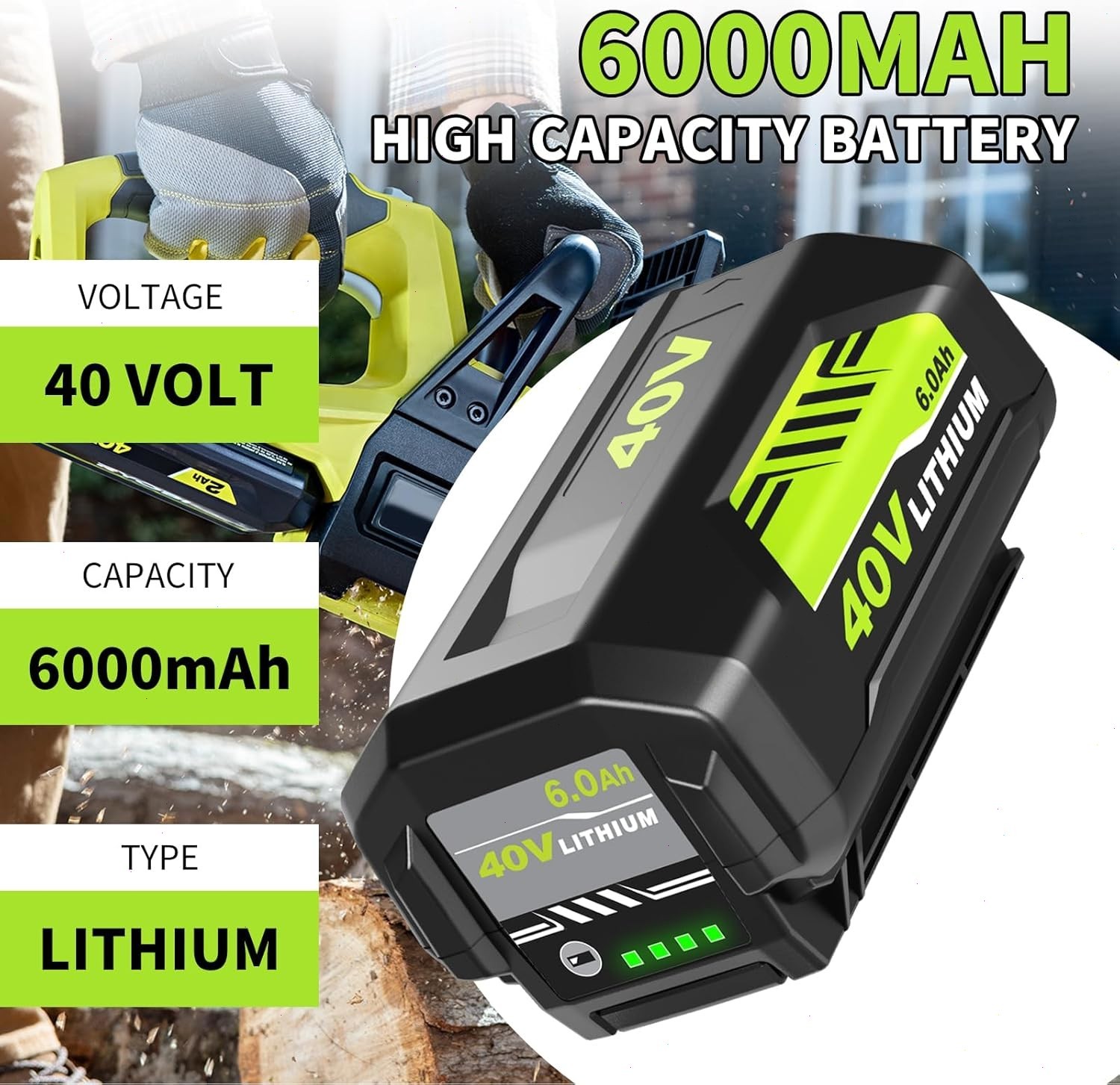 4.0Ah Battery 40 Volt for Ryobi 40V Lithium OP40602 Battery with LED / Charger