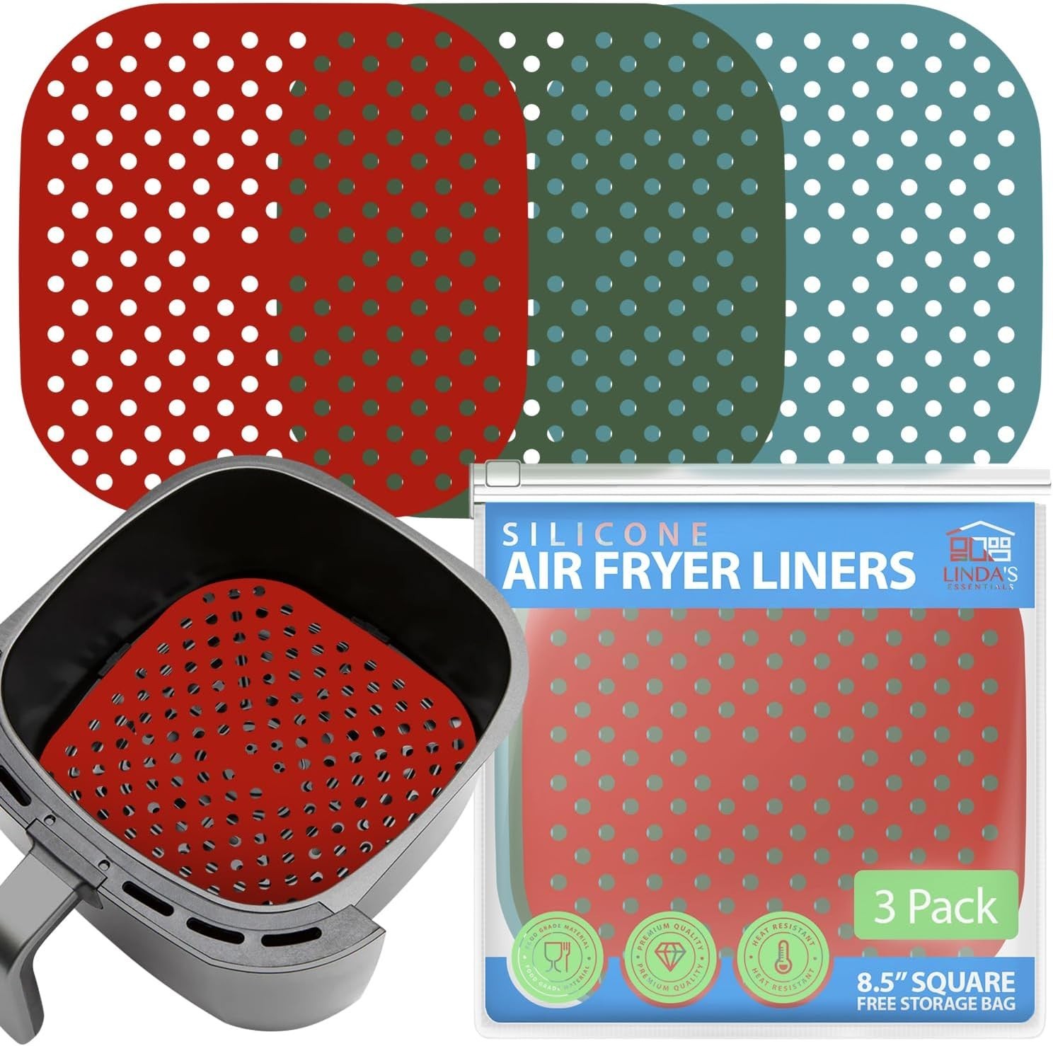 3 Pk Reusable Silicone Air Fryer Liner 8.5 Inch Non-Stick Easy-Clean Accessories