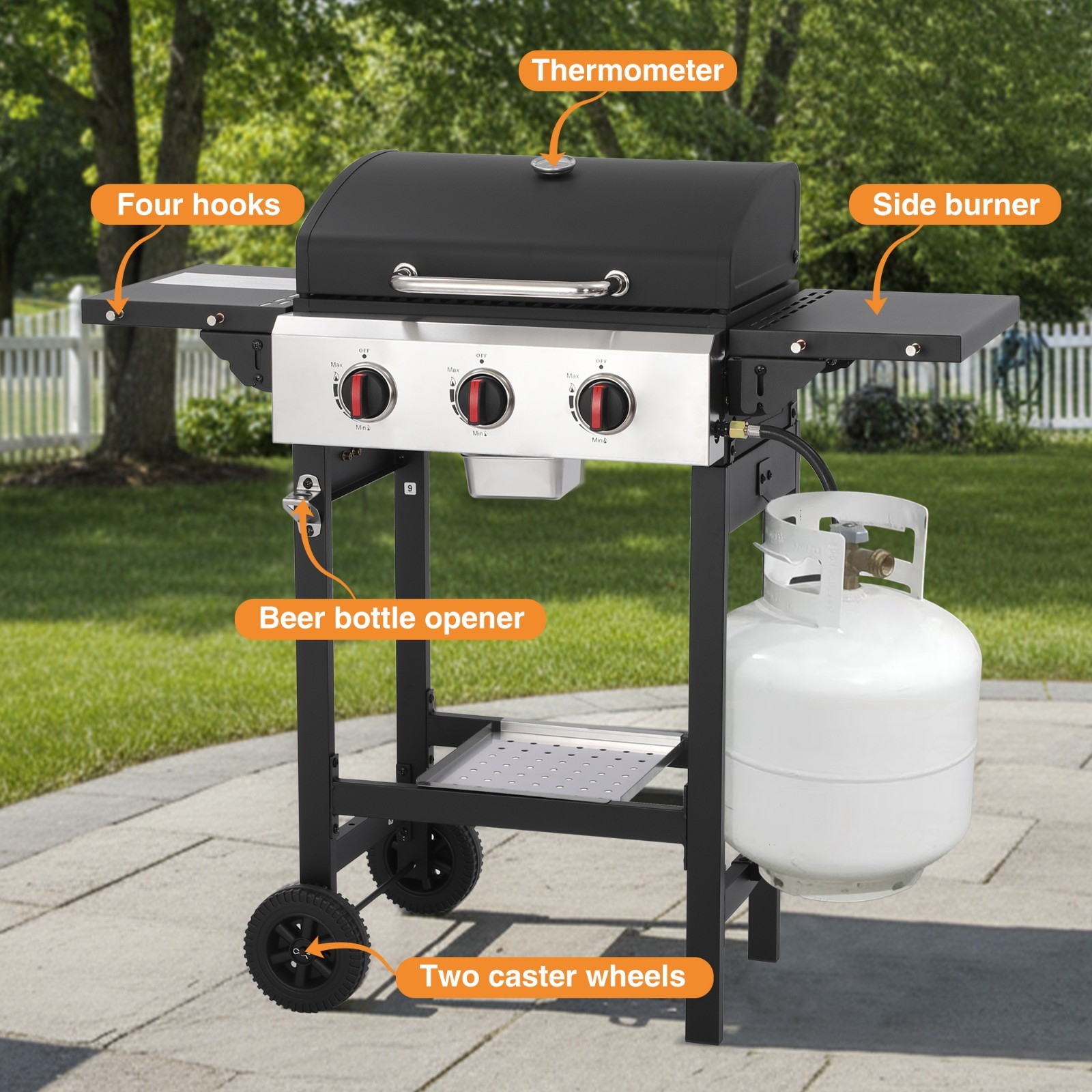 3-Burner Propane Gas Grill with Folding Side Tables, Cast Iron Grate and Pan