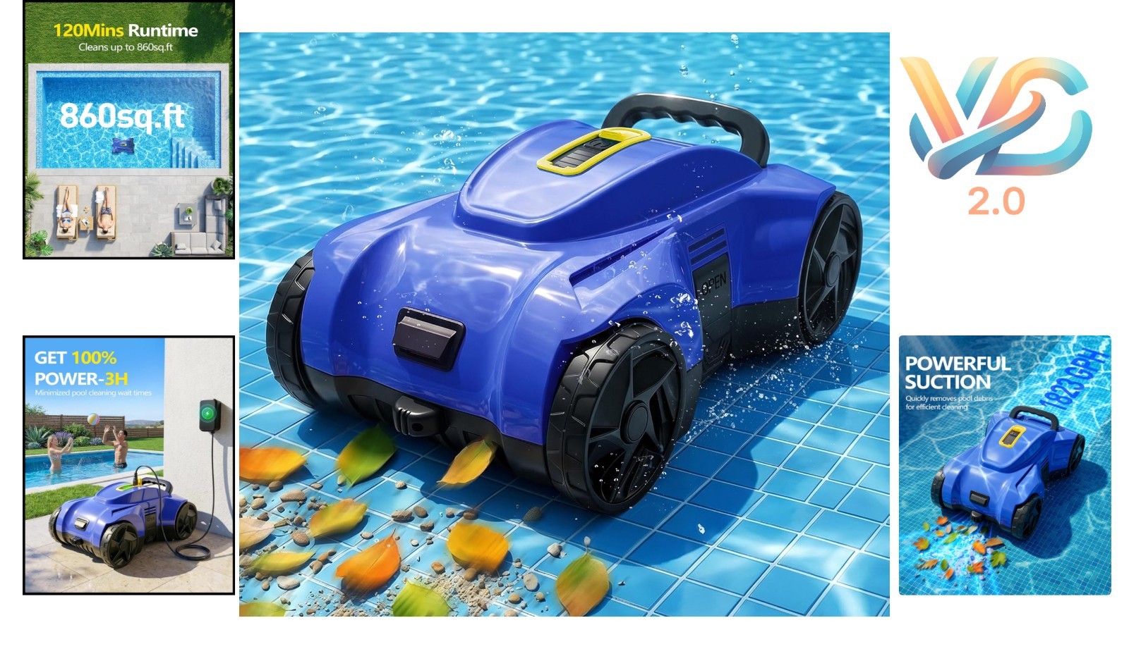 Cordless Pool Cleaner Robot – Auto Debris Removal, 120Min Runtime, Blue