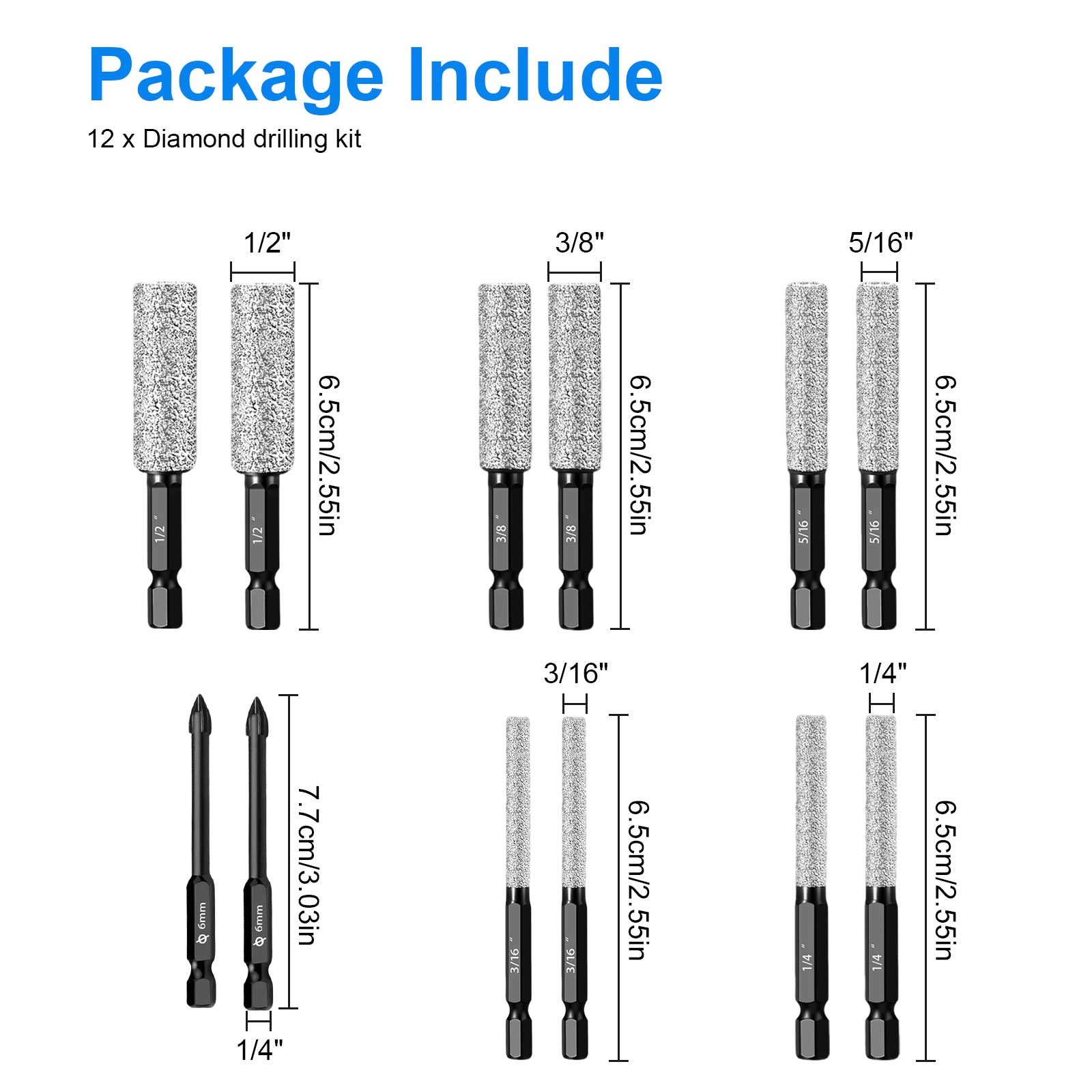 12x Dry Diamond Drill Bits & Tile Drill Bit Set 1/4″ Hex Shank for Ceramic Glass