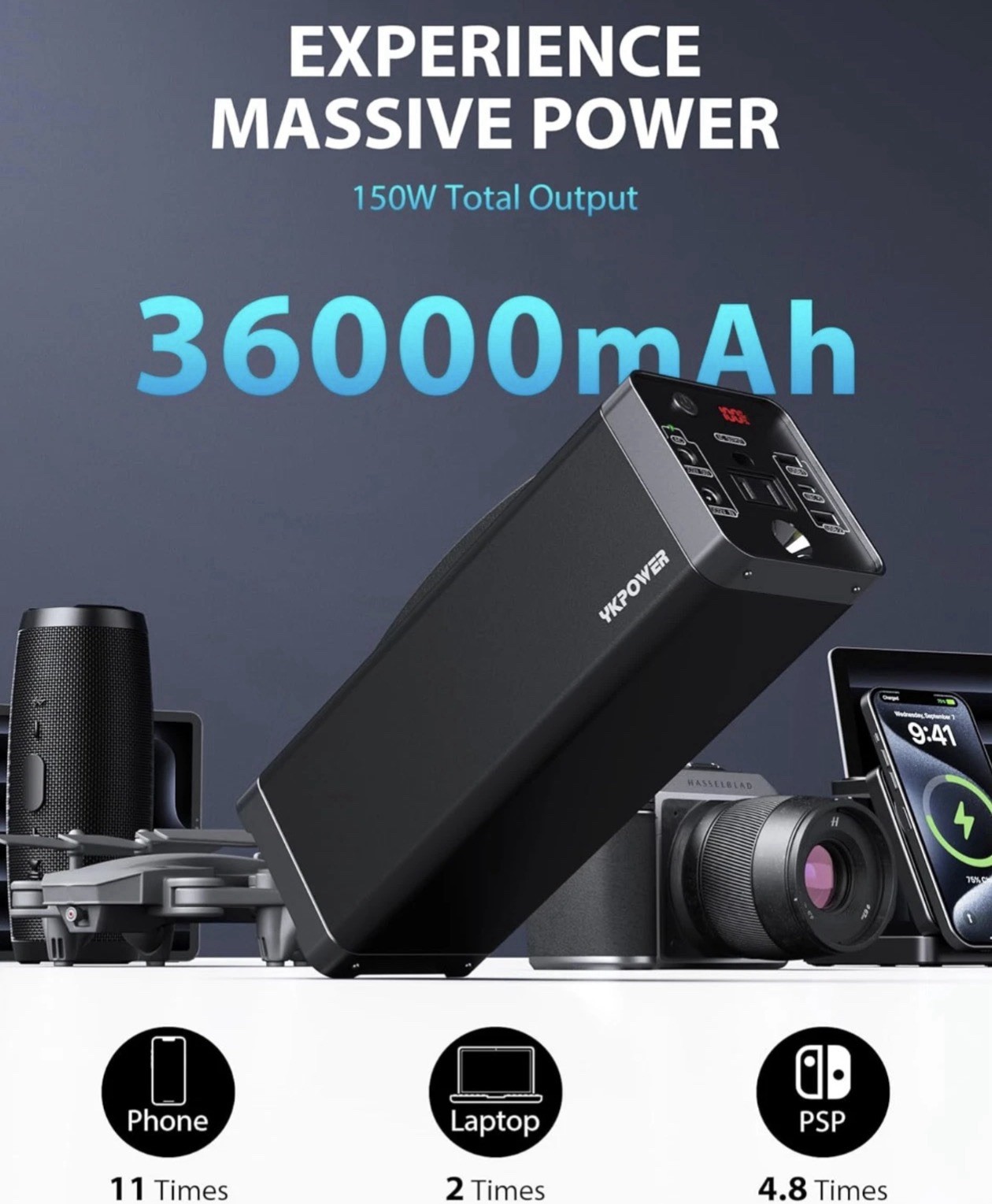 Portable PowerStation 150W, 133.2Wh/36000mAh Fast Charging with 5 Outputs AC Opt