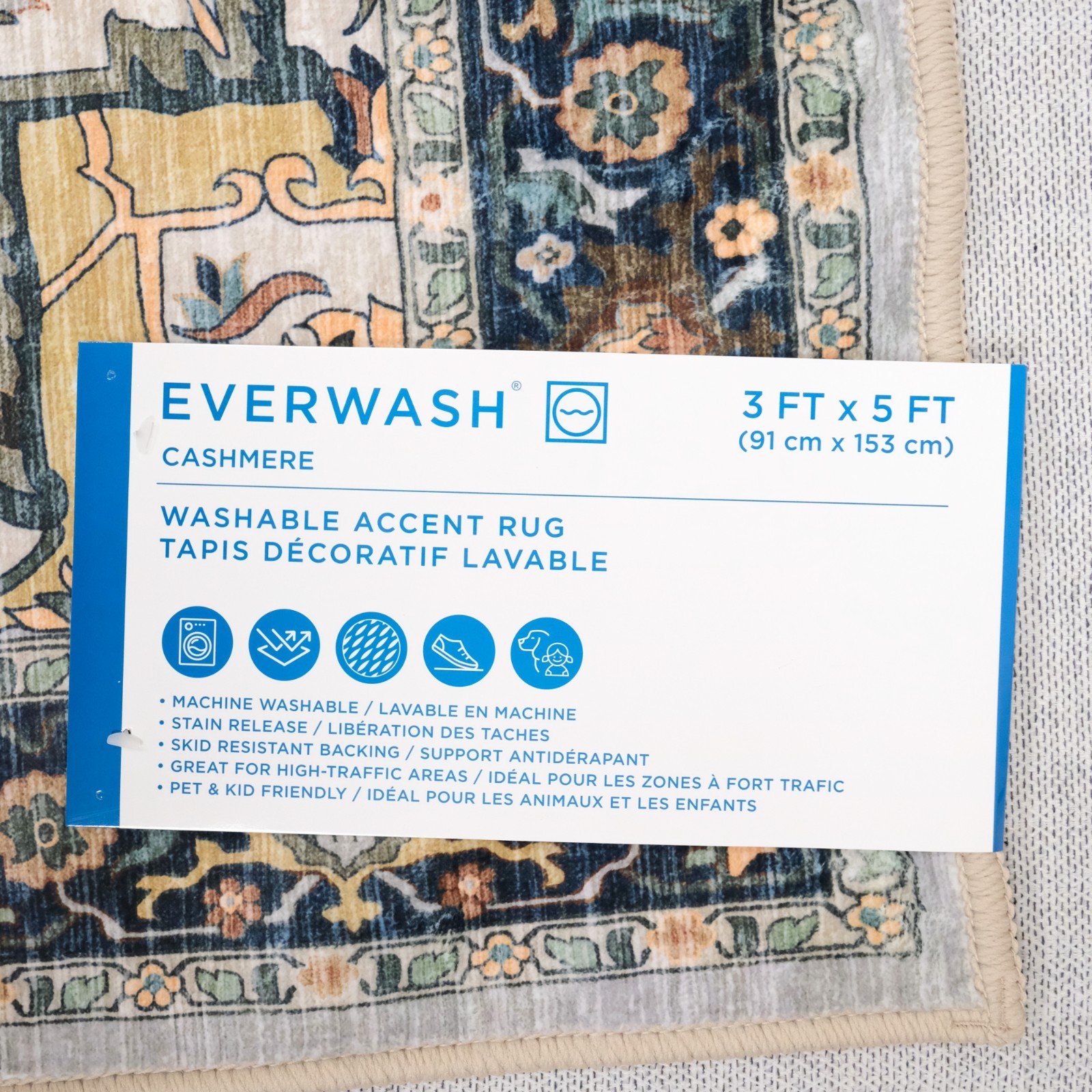 EVERWASH Light Grey Cashmere Washable Accent Rug 3FTx5FT Anti-Slip 91cm x 153cm