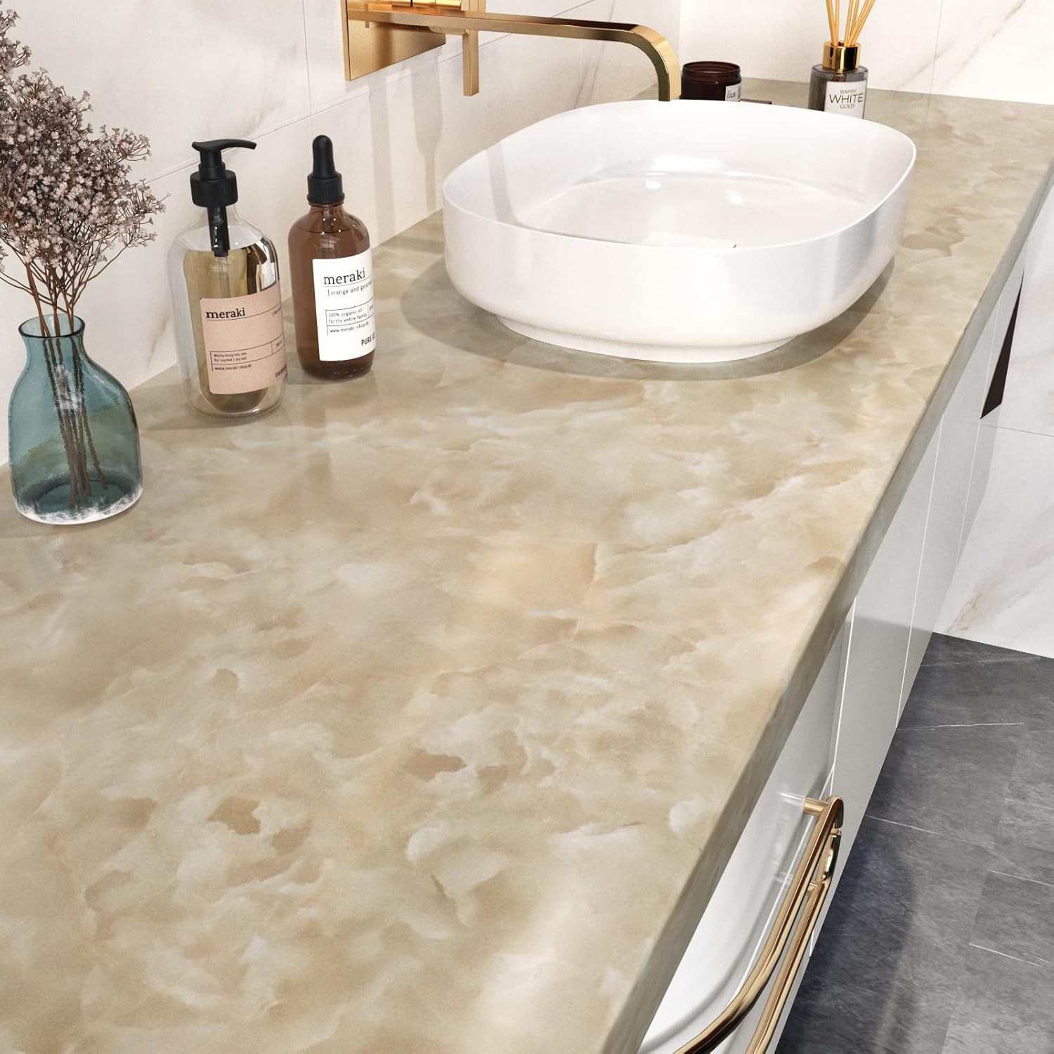Glossy Beige Marble Contact Paper for Table Top Self Adhesive Shiny Marble Fi…