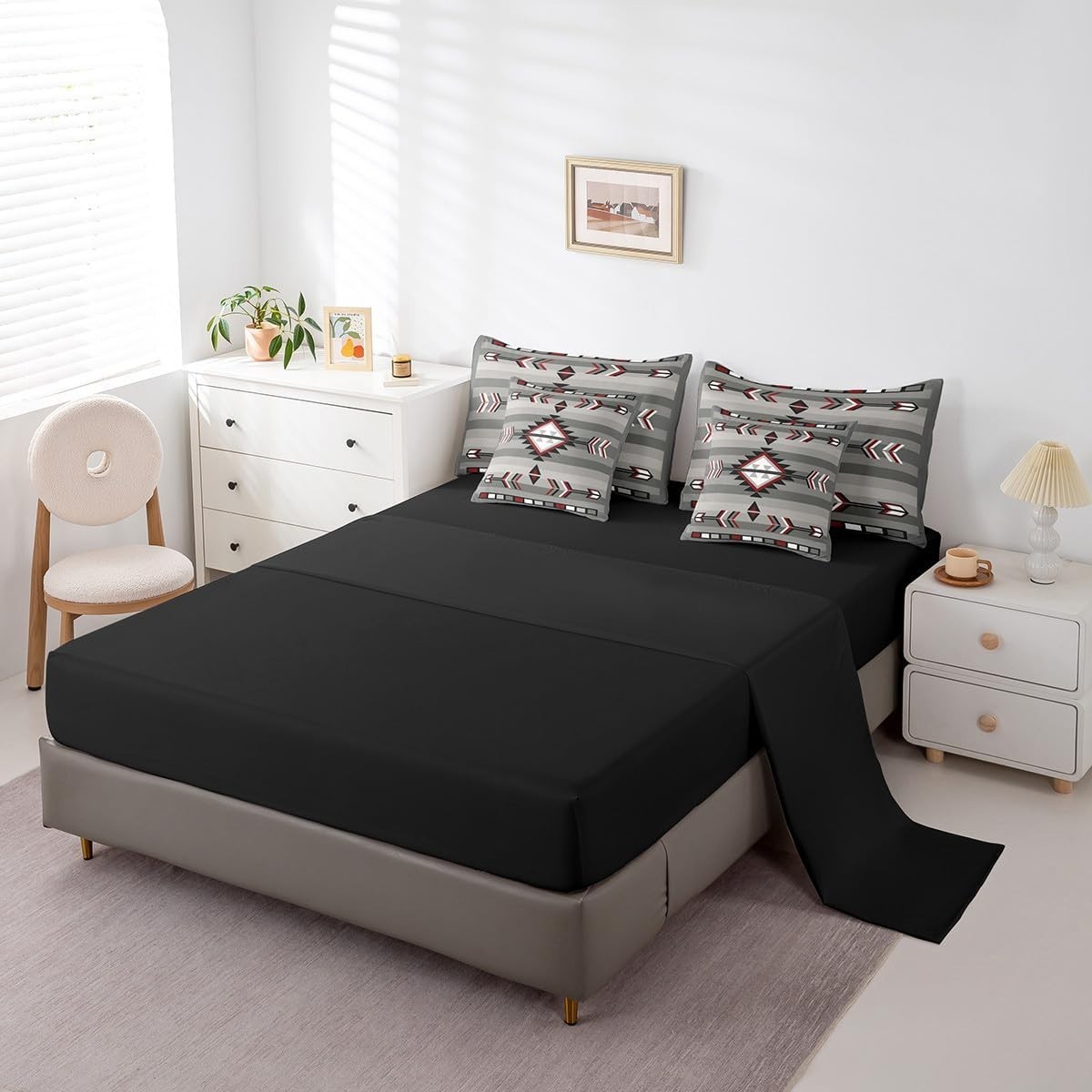 Queen Size Western Boho Bedding in Grey Red – 7 Piece Set for Rustic Charm