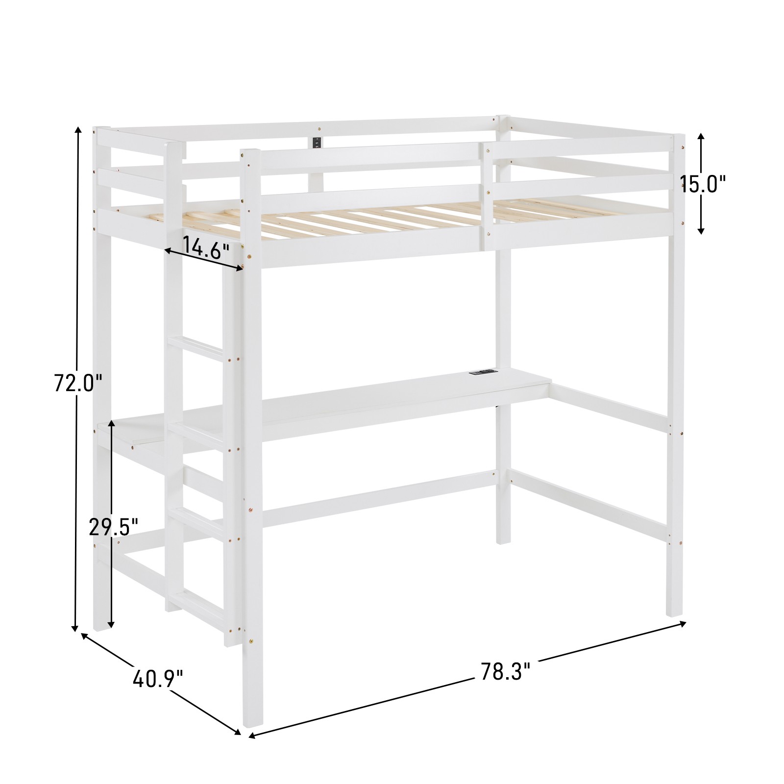 Wood Loft Bed Twin Size with RGB LED 2 Charging Station for Adults Kids Teens