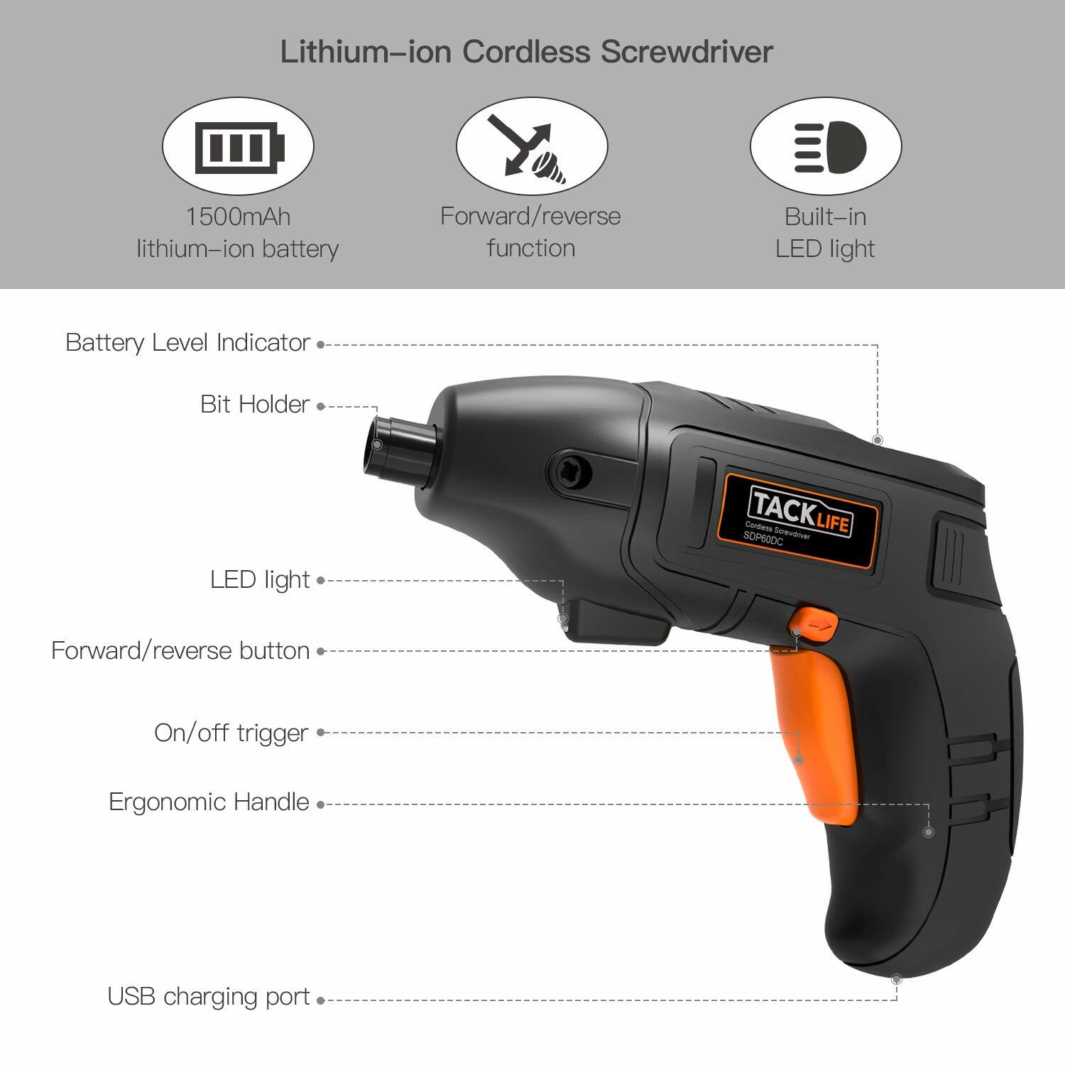 Electric Screwdriver, Tacklife Cordless Screwdriver Rechargeable 1500 mAh Li-on