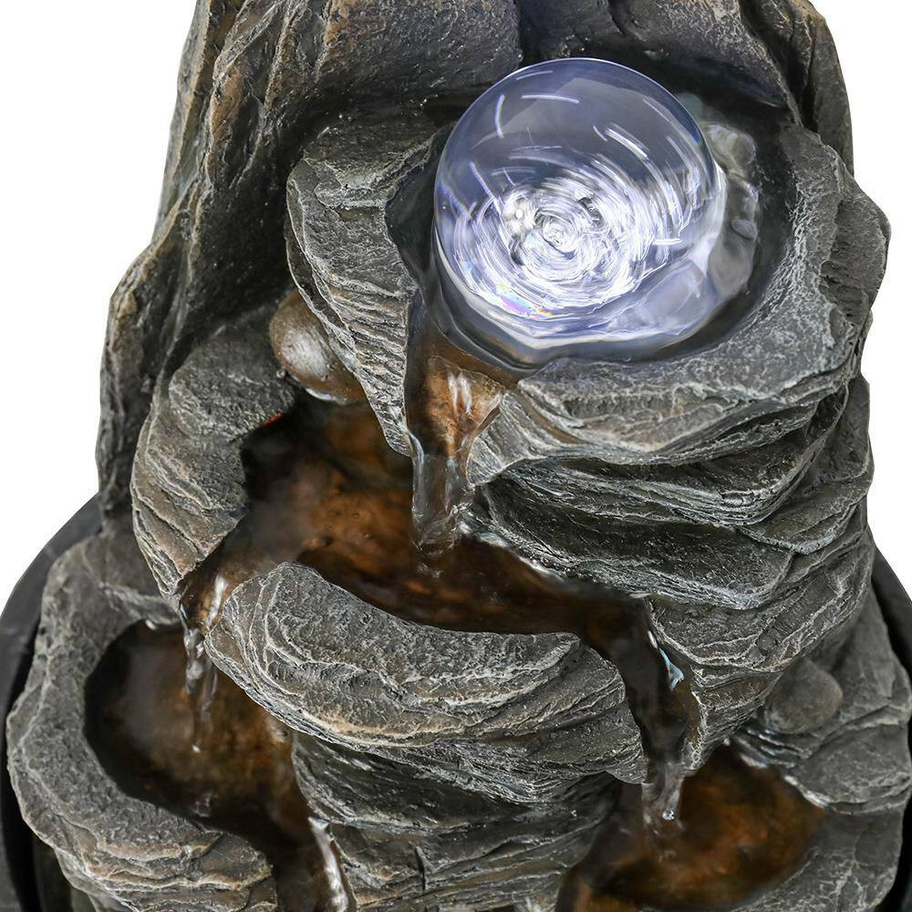 9.8 In. Resin Rockery Indoor Tabletop Tiered Fountain with LED Lights and Crysta