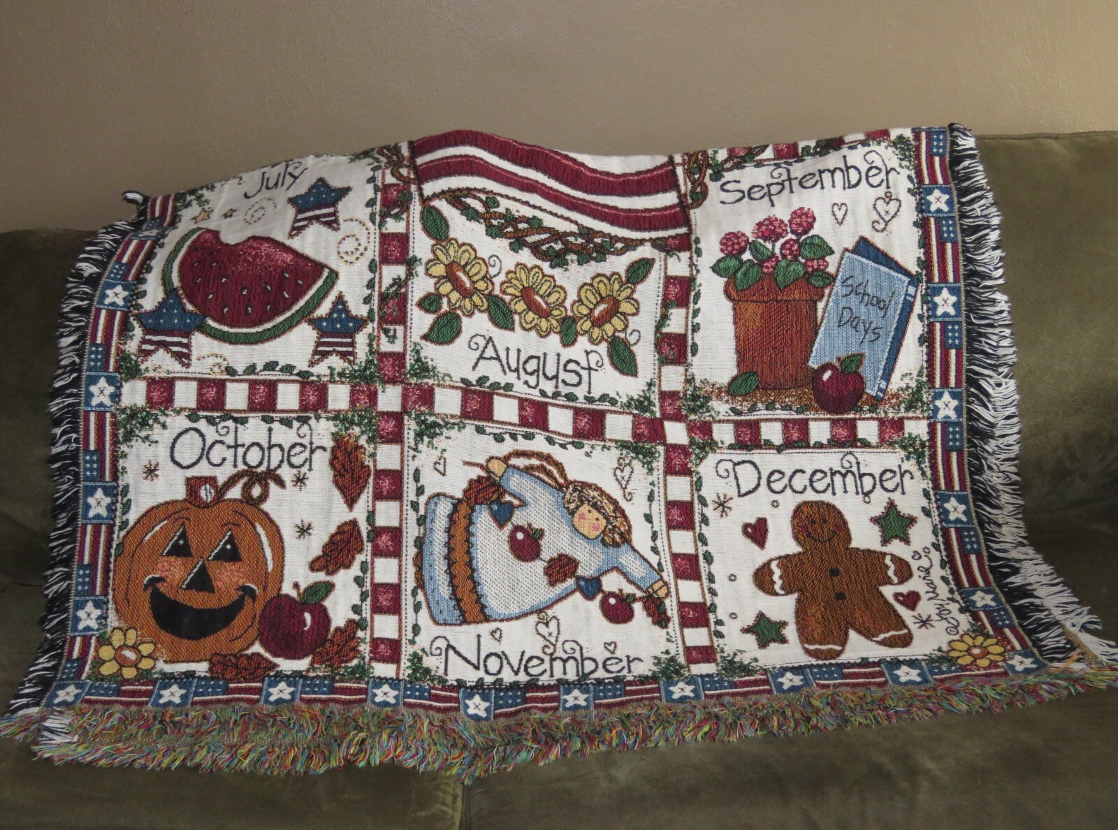 Tapestry Throw Afghan Blanket AMERICANA 12 Months Calendar Seasons VINTAGE