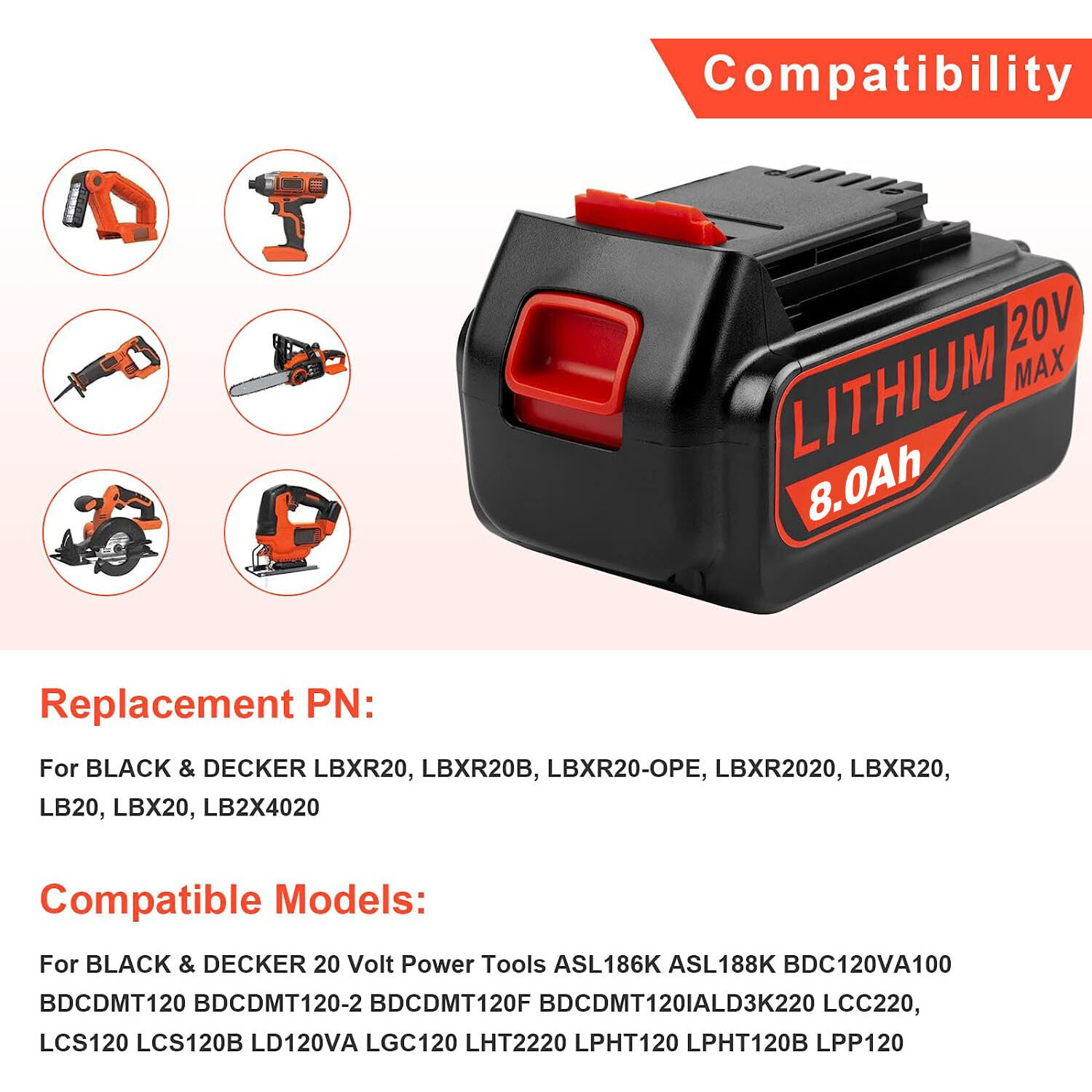 Pack 8.0AH 20V MAX For Black & Decker 20Volt Lithium Battery LBXR20 LB2X4020 NEW