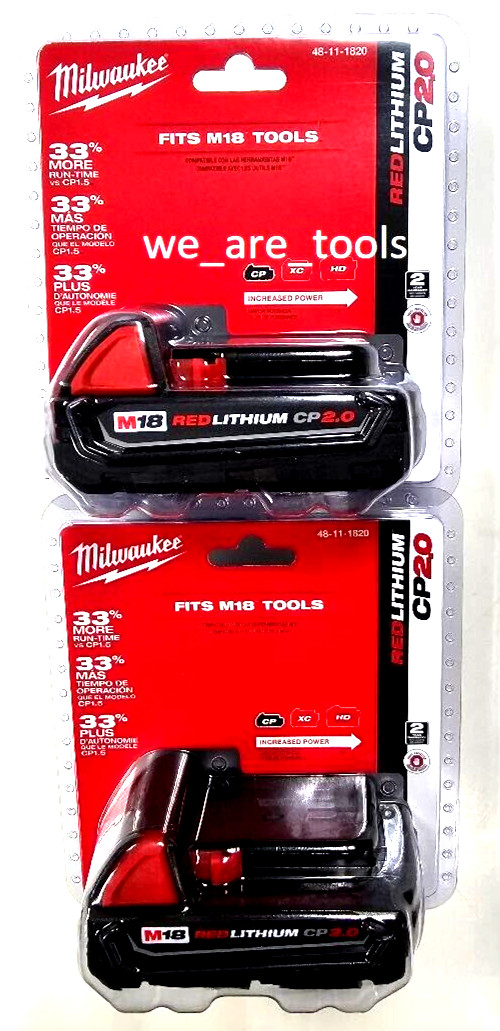 (2) New GENUINE Milwaukee Batteries 48-11-1820 2.0 AH Compact M18 18 Volt 18V