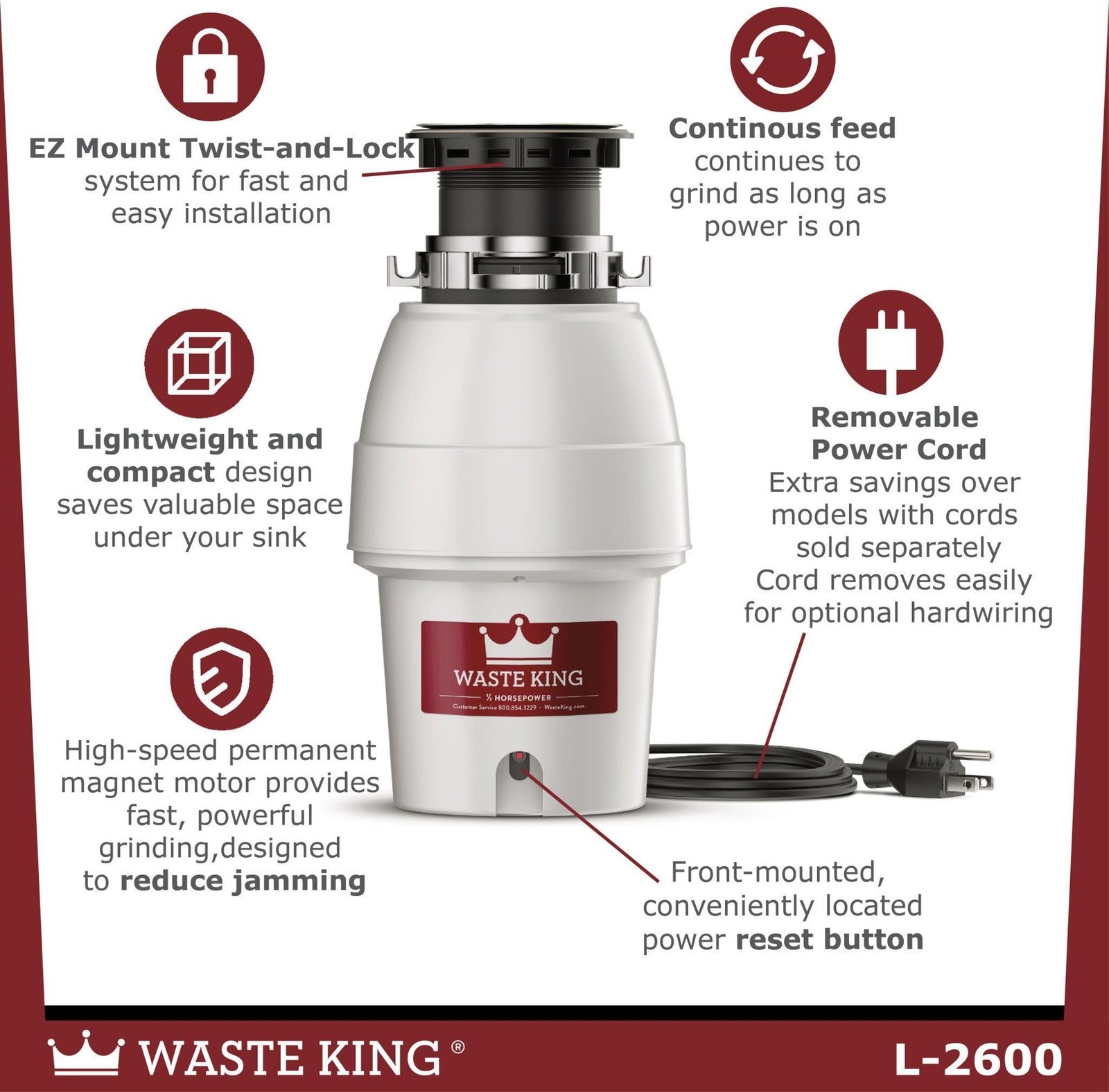 Waste King Legend Continuous Feed Garbage Disposal for Kitchen Sink 1/2HP L-2600