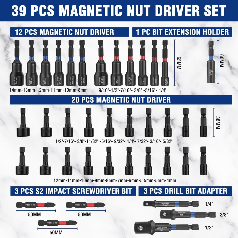 WORKPRO 39PC Magnetic Nut Driver Set Impact Drill Driver Bit 1/4″ Hex SAE&Metric