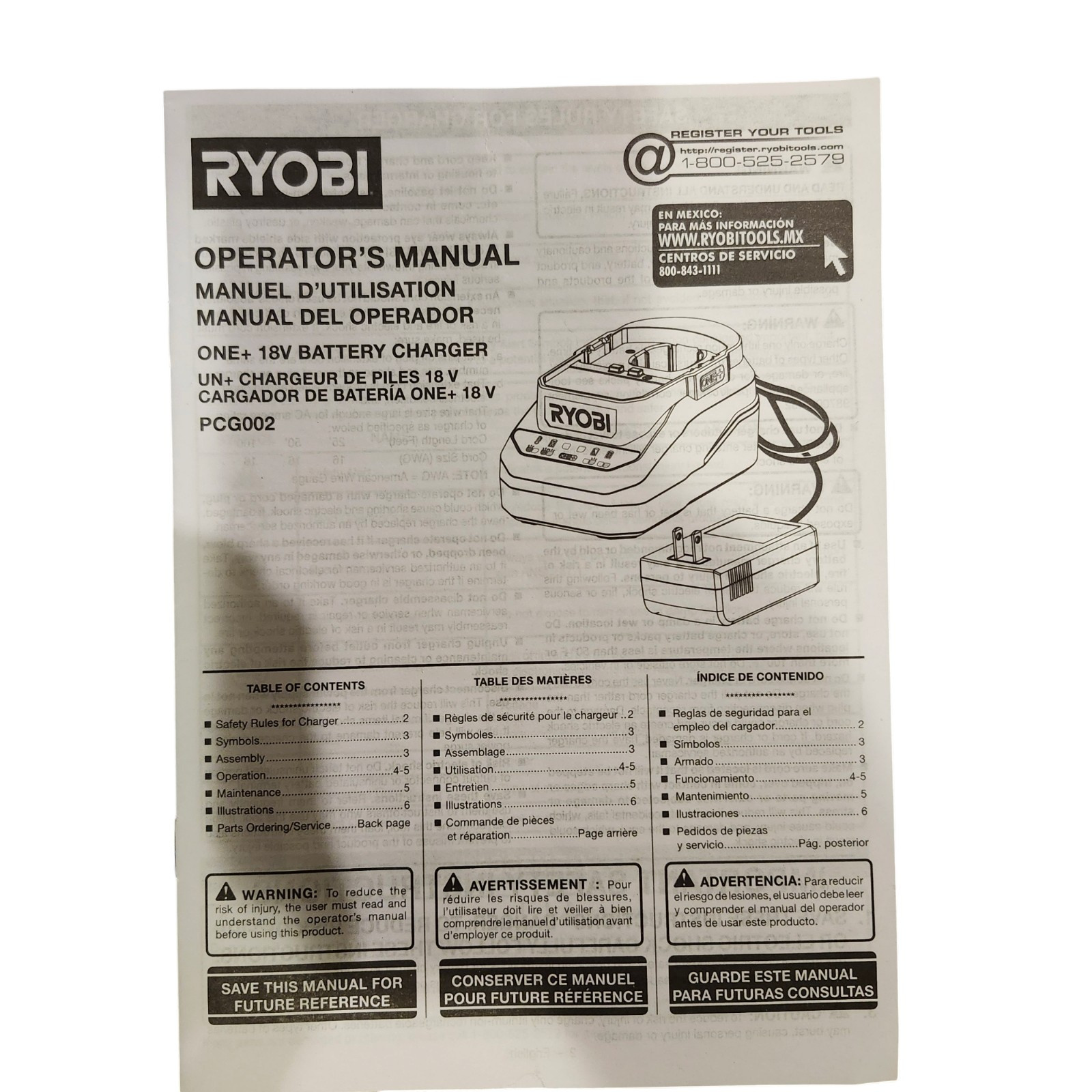 Genuine OEM RYOBI PCG002 18V Volt ONE+ Lithium-Ion Battery Charger.