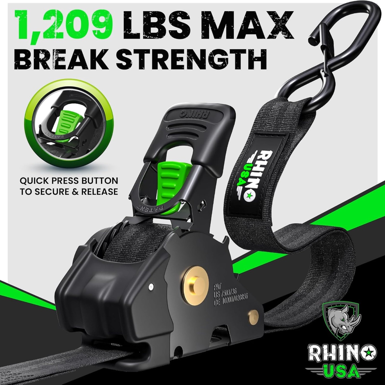 Rhino USA 2in x 10ft Retractable Ratchet Straps, 2 Pack, 1,000lbs Working Load