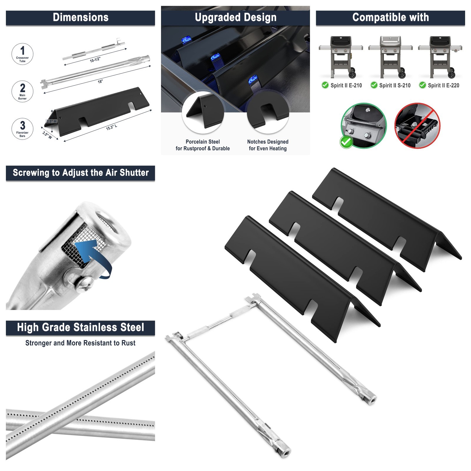 7635 69785 3x Flavorizer Bars+2x Grill Burner For Weber Spirit I & II 200 Series