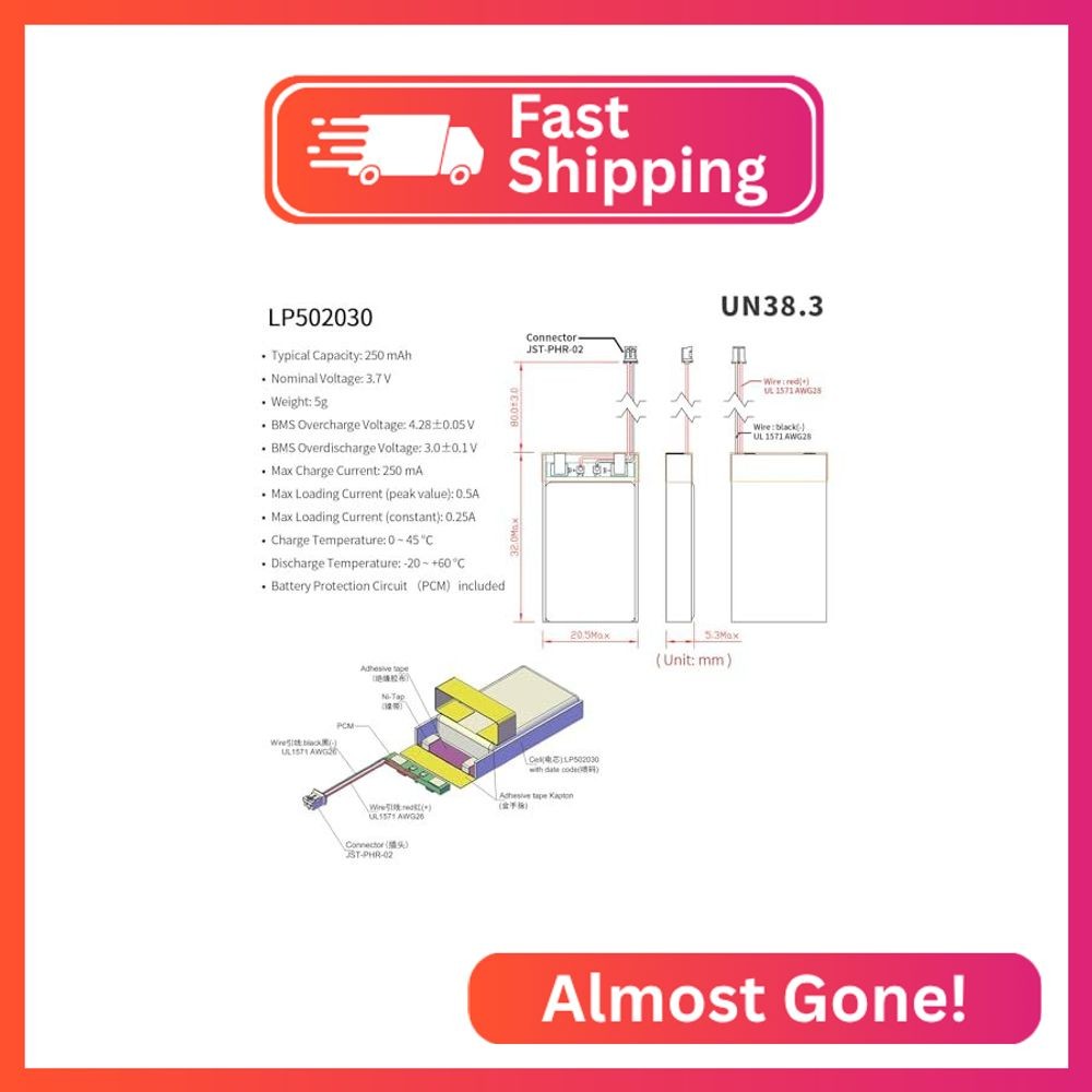 EEMB 3.7V 250mAh 502030 Lithium Polymer Battery Pack with JST PH 2.0mm Connector
