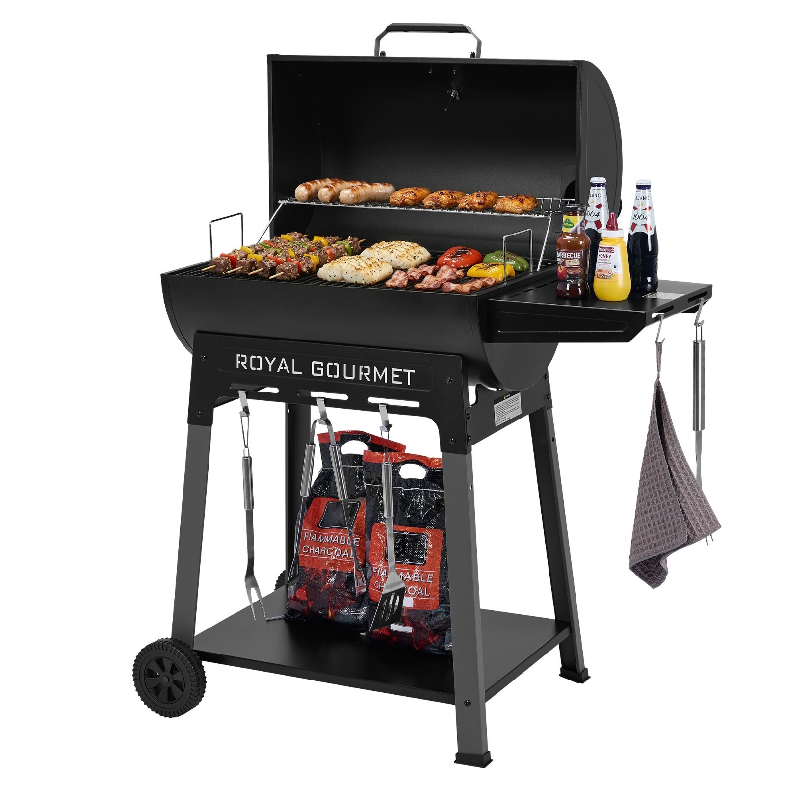 Royal Gourmet Outdoor Grill with Side Shelf Barrel Charcoal Grill for Backyard