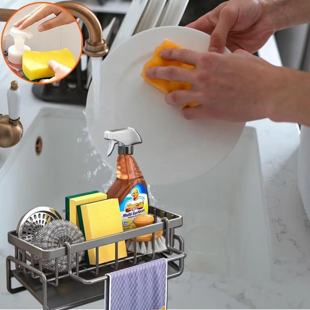 Kitchen Sink Caddy Organiser with Self Draining Tray, Sponge Holder Brush Holder