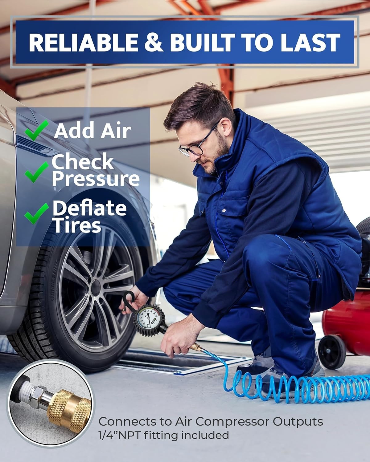 Reliable Tire Inflator with 1.0 Count Set, Brass Construction and Accurate Gauge