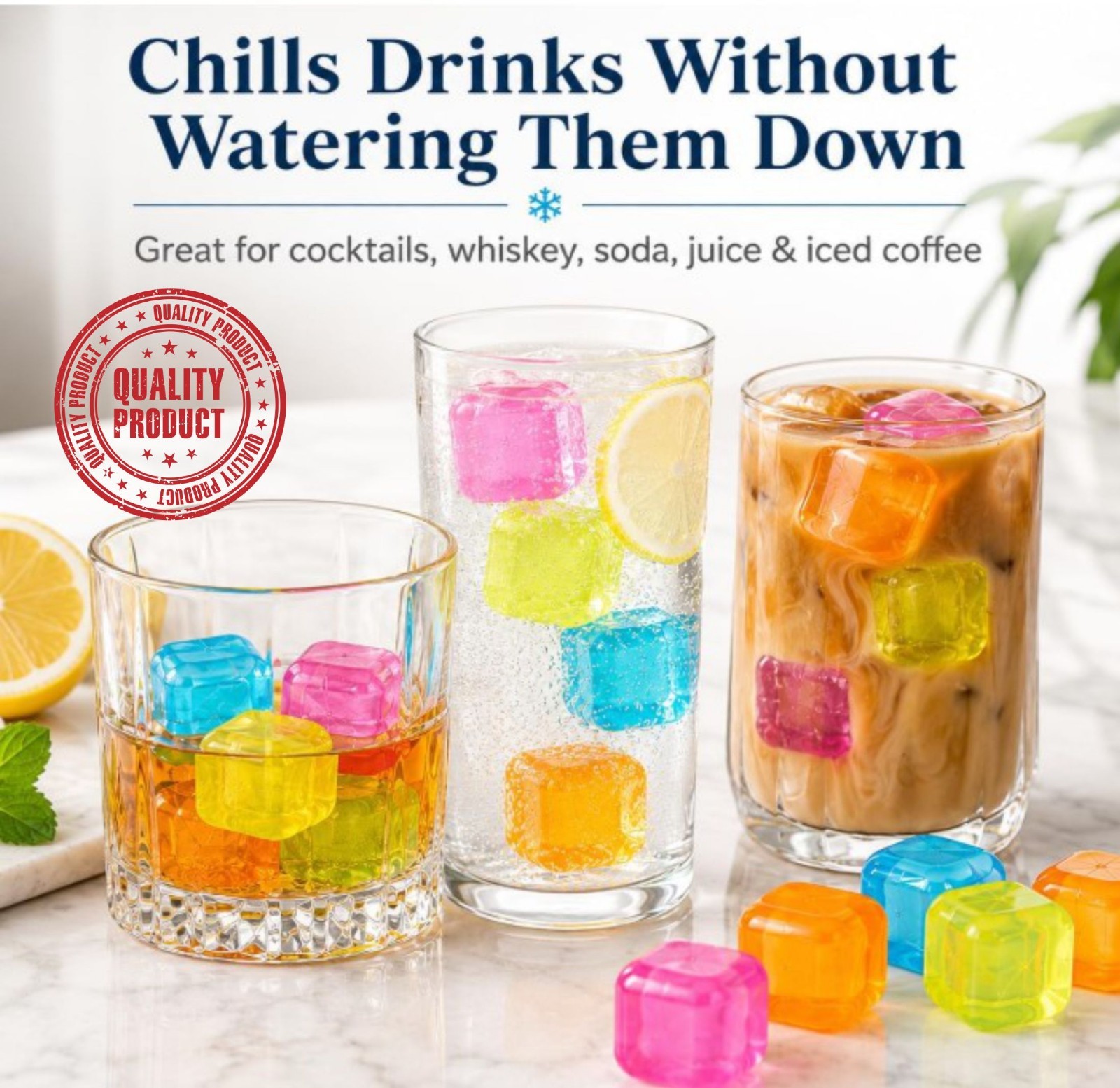 54 Pack Reusable Ice Cubes BPA Free Multi Color Drink Chillers No Dilution