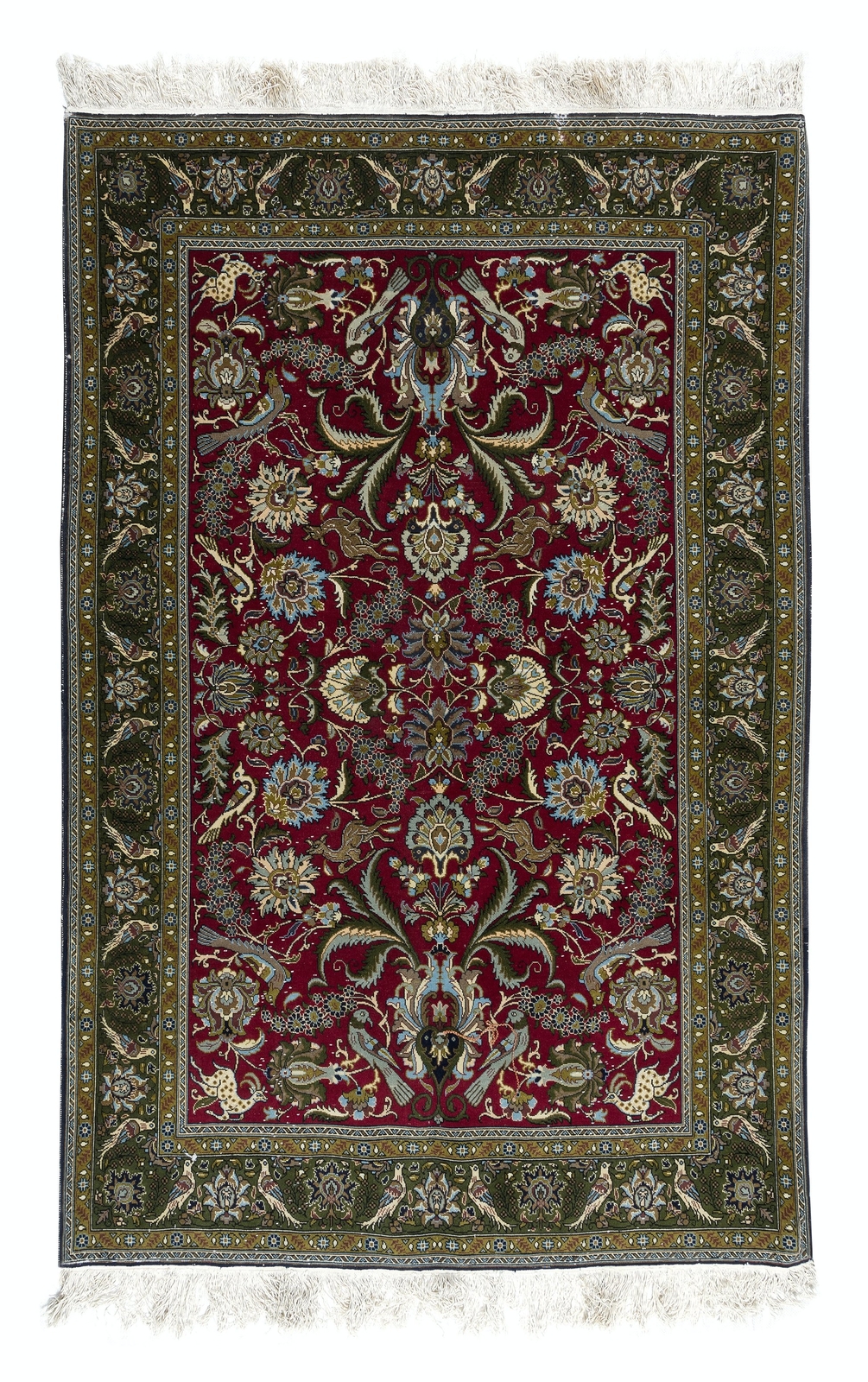 4.6×7 Ft Hand Knotted Turkish Rug in Red & Green with Floral Botanical Design