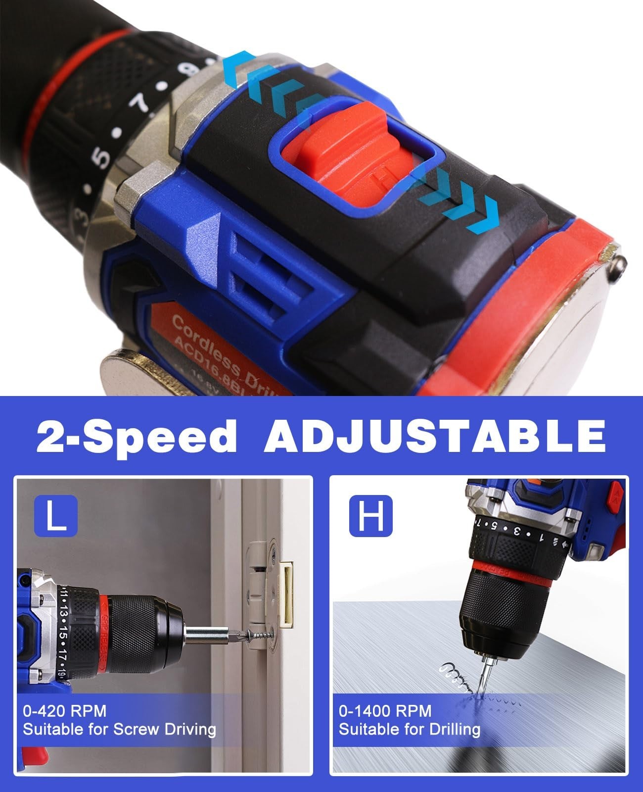16.8V Cordless Drill Driver Set 25+3 Torque 2-Speed Power Drill w/ Battery & Kit