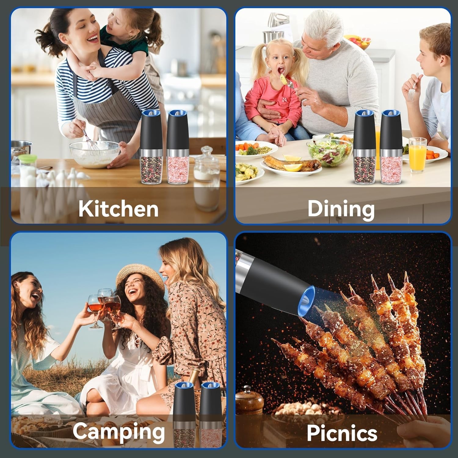 Gravity Electric Salt & Pepper Grinder Set 2 Pack Battery Powered LED – Silver.