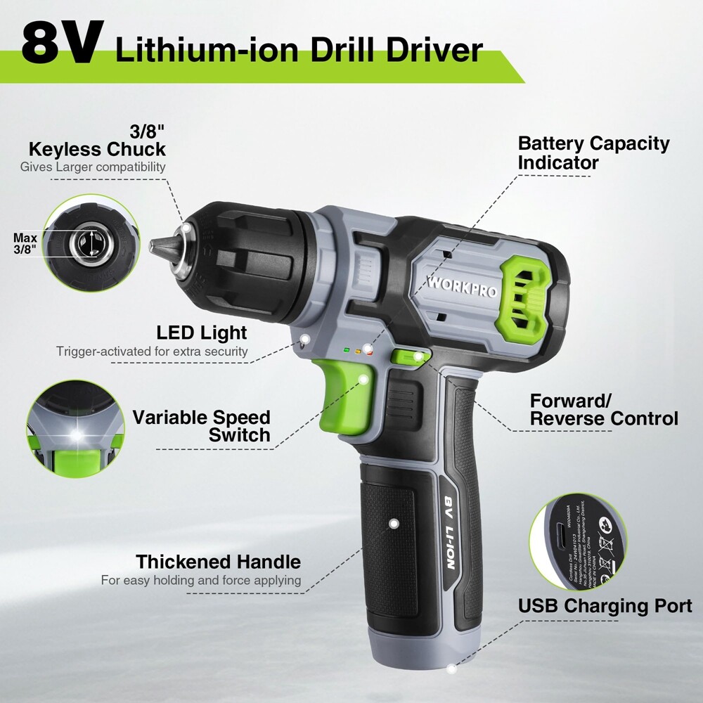 WORKPRO Cordless Power Drill Set 8V Drill Driver 2.0Ah Electric Screwdriver Kits