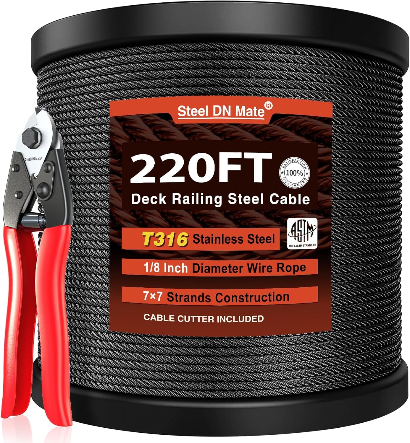 DN Mate 220 ft Black Wire Rope 1/8″ T316L Marine Grade Stainless Steel