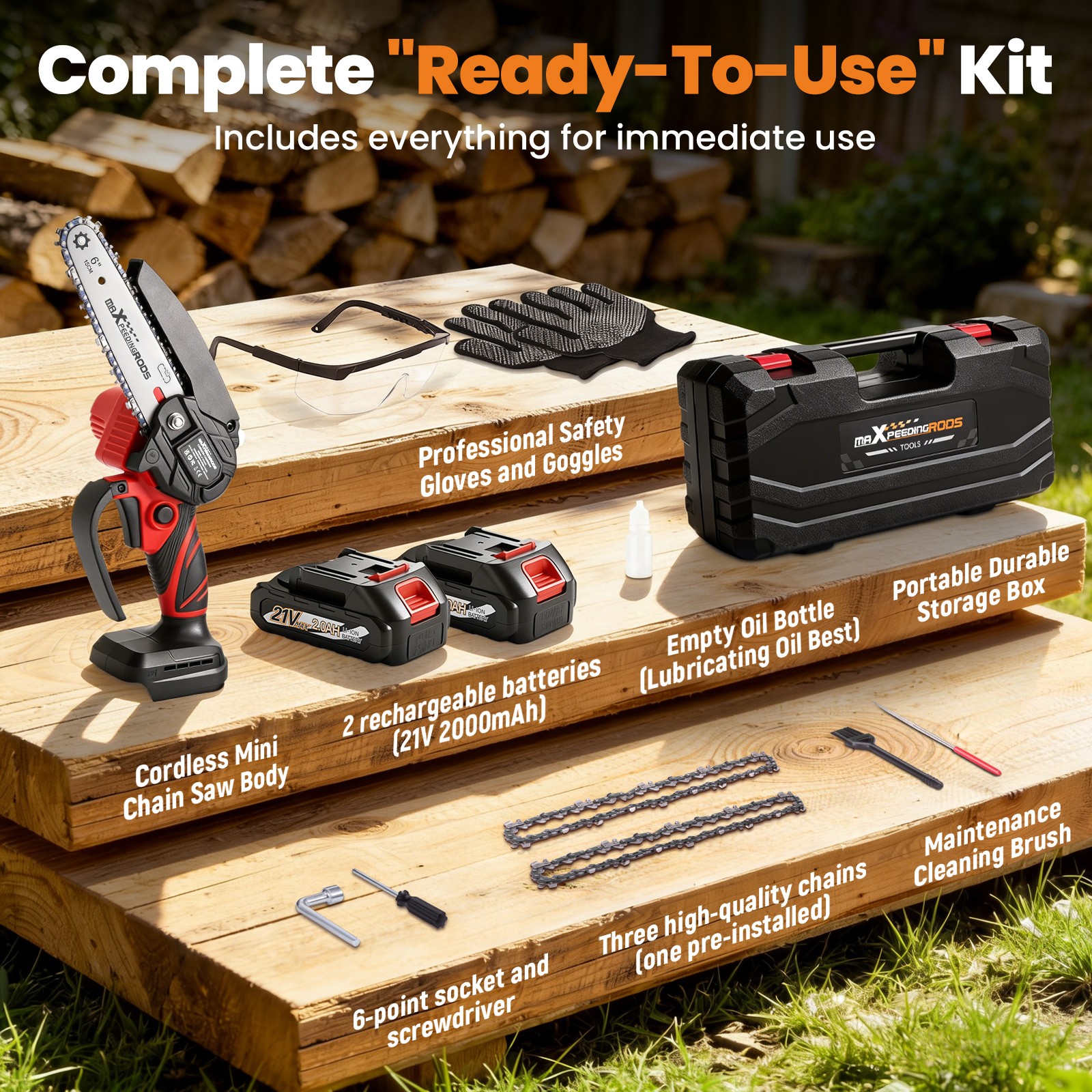 21V Cordless for Mini Chainsaw with 2 Batteries 3 Chains Portable Garden Pruning