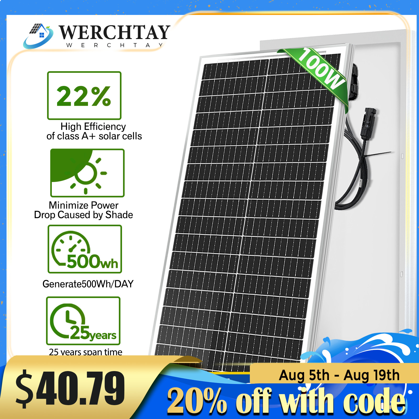 100W Watt 12V Monocrystalline Solar Panel Charger RV Camping Home Off-Grid 12BB
