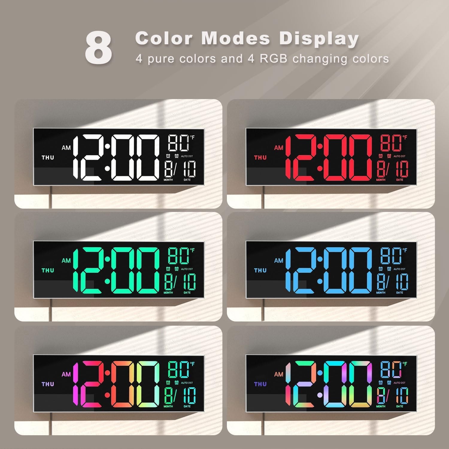 16” Large Digital Wall Clock with Remote Control Big LED Dual Alarm 8 RGB New