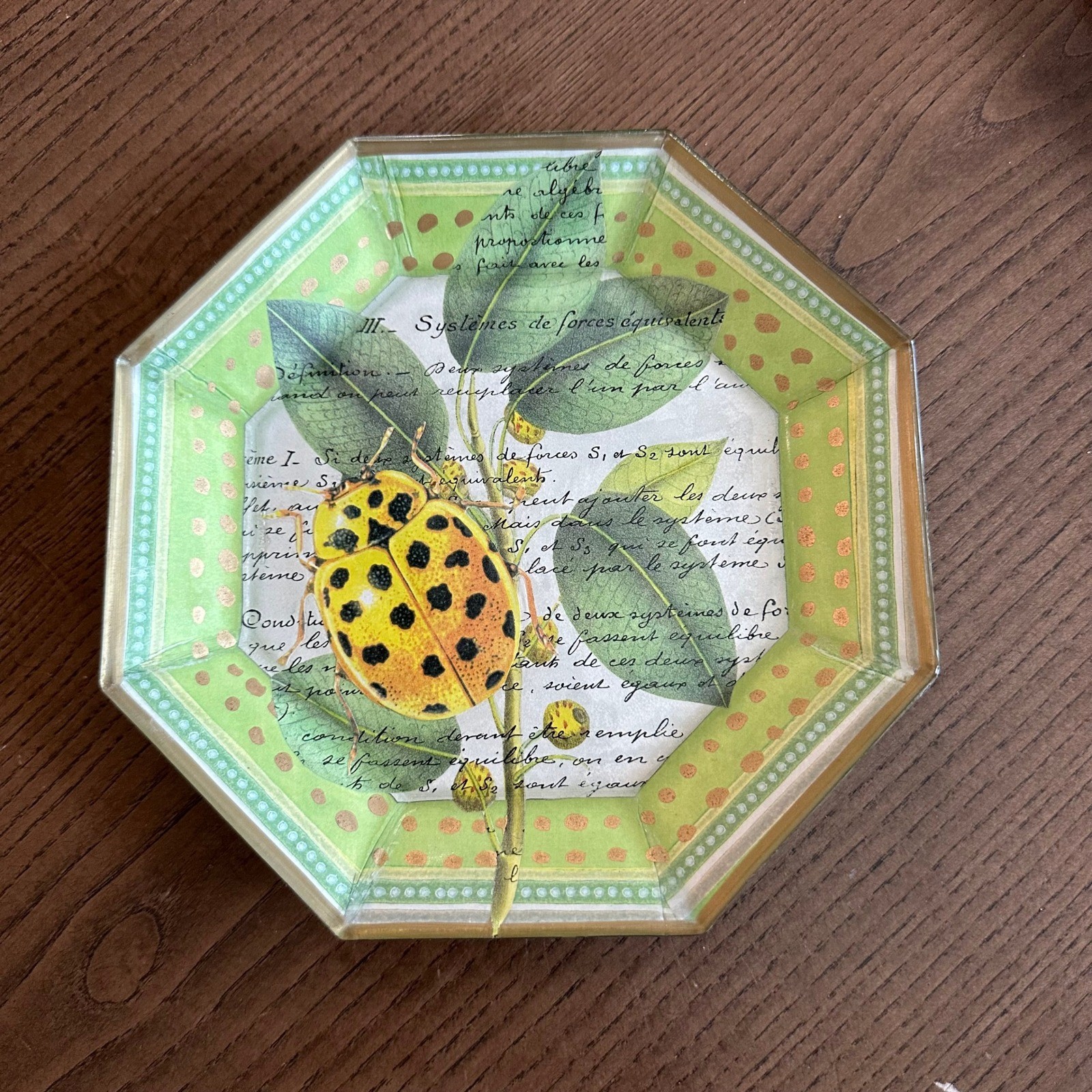 1992 John Derian Signed Octagon Beetle Decoupage Glass Tray 7 Inch Nantucket