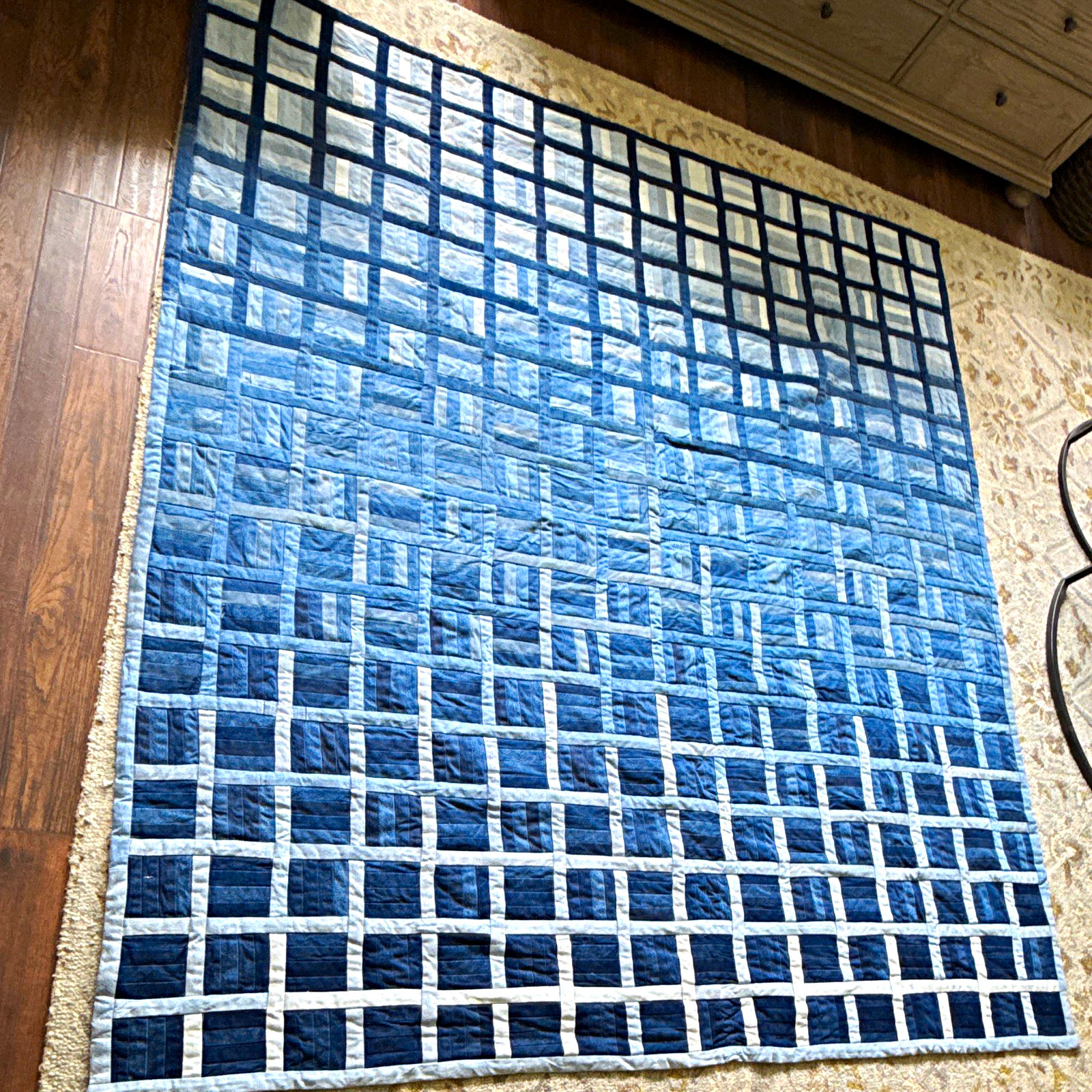 New Handmade Recycled Jean Reversible Quilt Blue/White 6FT 8.5 IN x 7FT 4IN