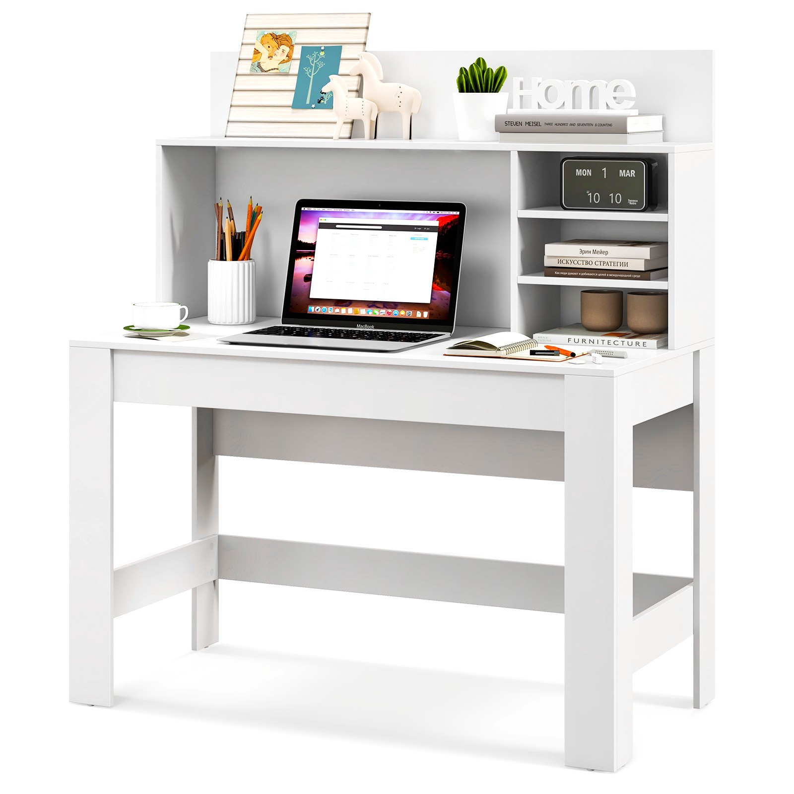 Home Office Computer Desk Study Table Writing Workstation Hutch Cable Hole White