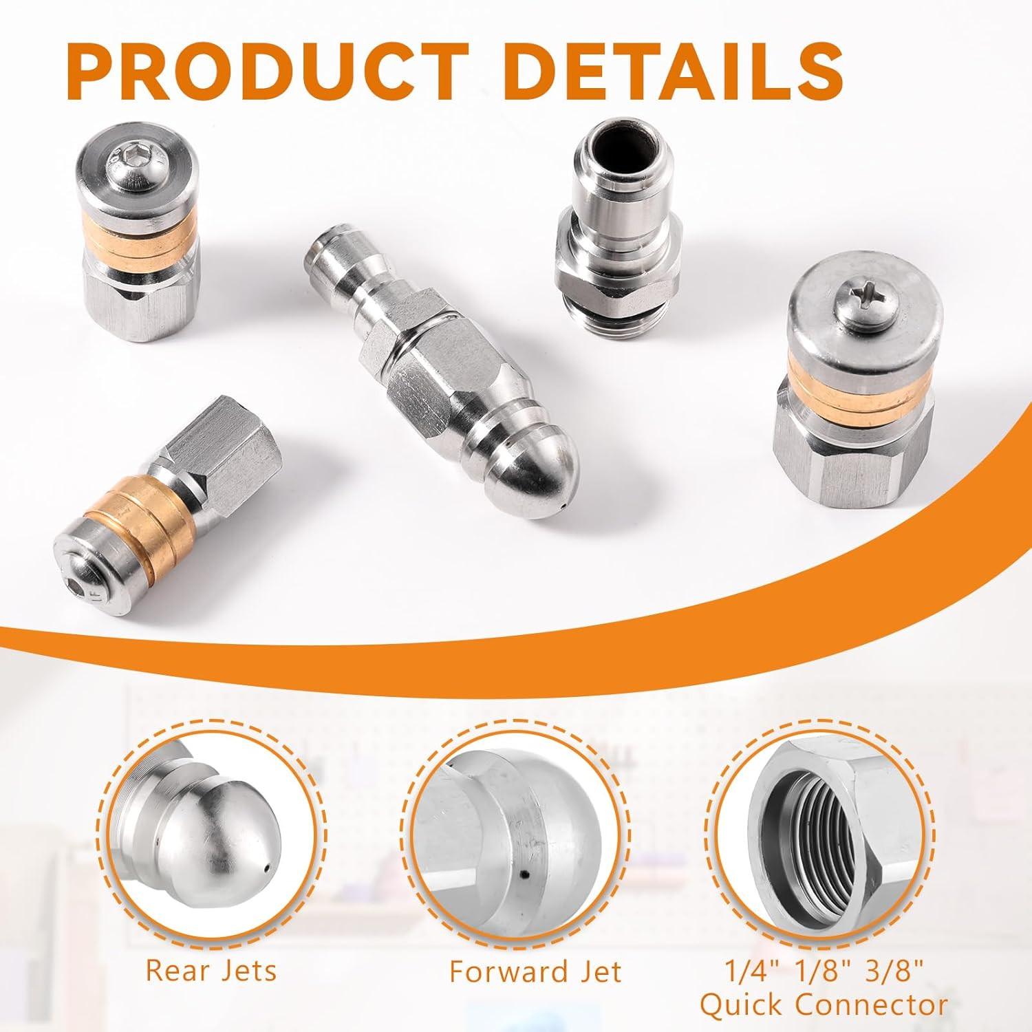 10Pcs Sewer Jetter Nozzle Kit, Stainless Steel, 5000 PSI, 1/4″ & 3/8″ NPT Quick