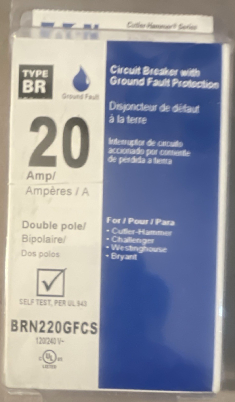 Eaton BRN220GFCS 20A 2-Pole 120/240V GFCI Circuit Breaker Ground Fault Self Test