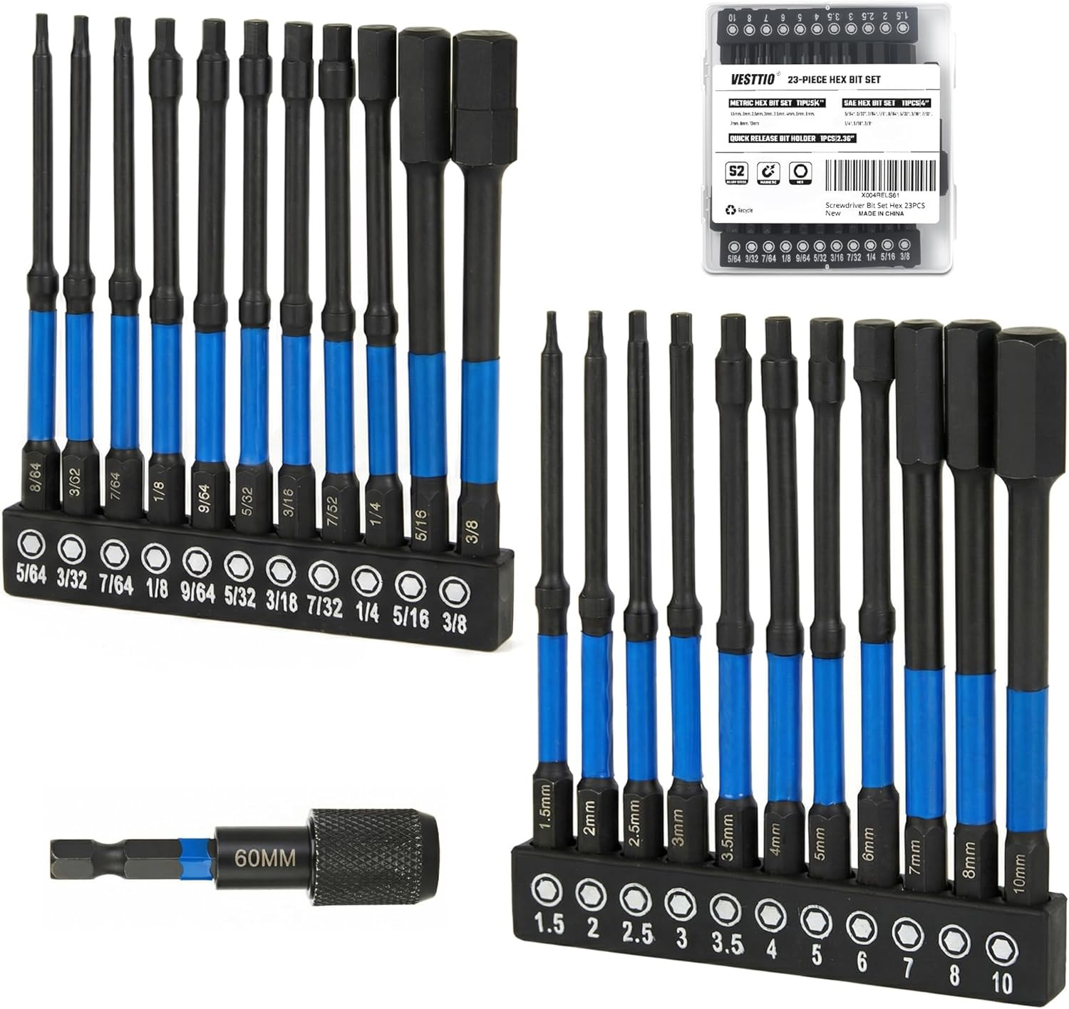 23PCS 4 Inch Hex Bit Set, Metric & SAE Allen Wrench Drill Bit Set, 1/4″ Hex Shan