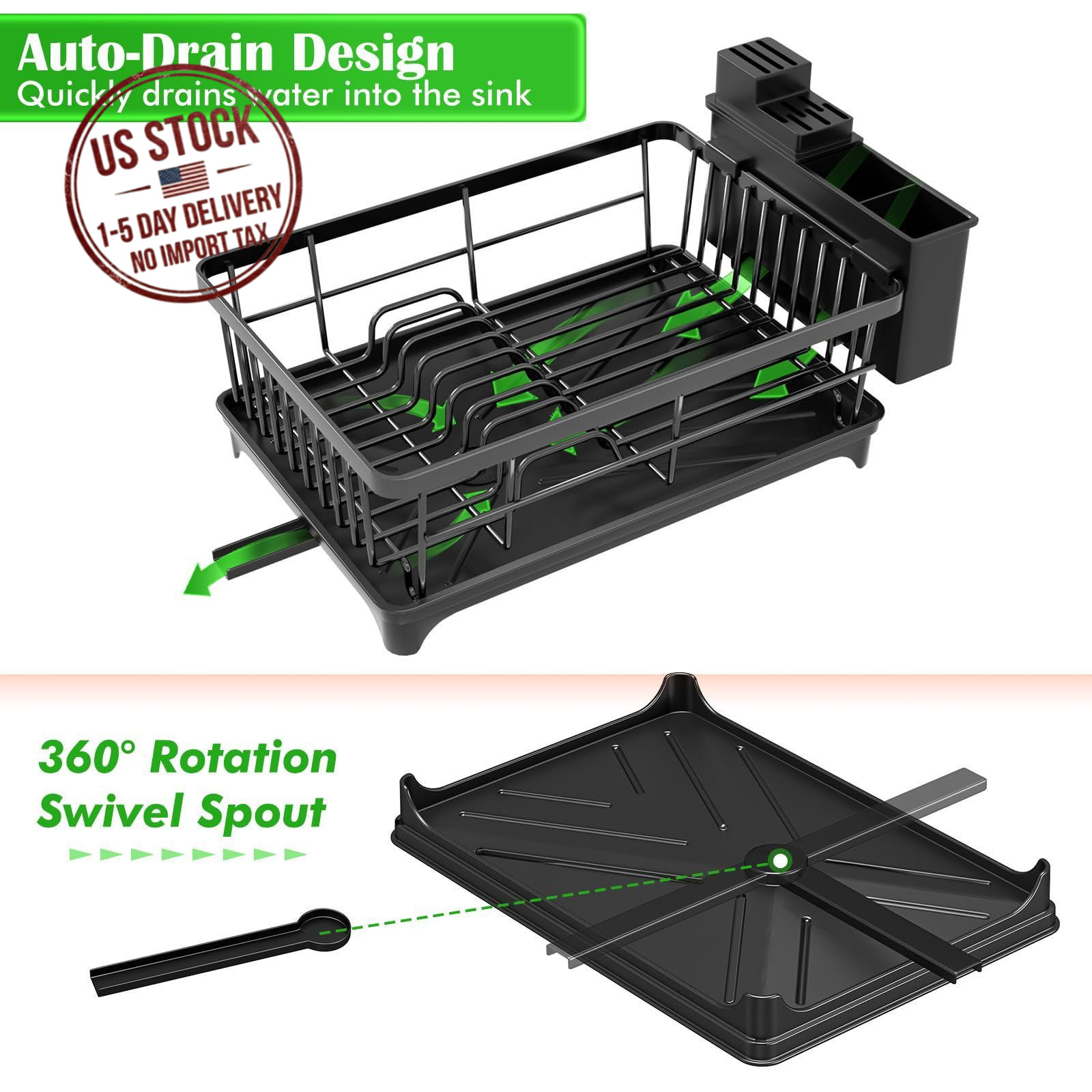 Compact Dish Drying Rack, Rust-Resistant Kitchen Drainer with Utensil Holder