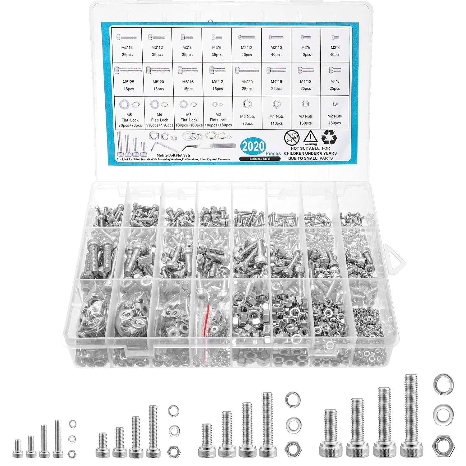 M2/M3/M4/M5 4-35mm Hex Button/Socket Head Screws Bolts Nut Washer Assortment Kit