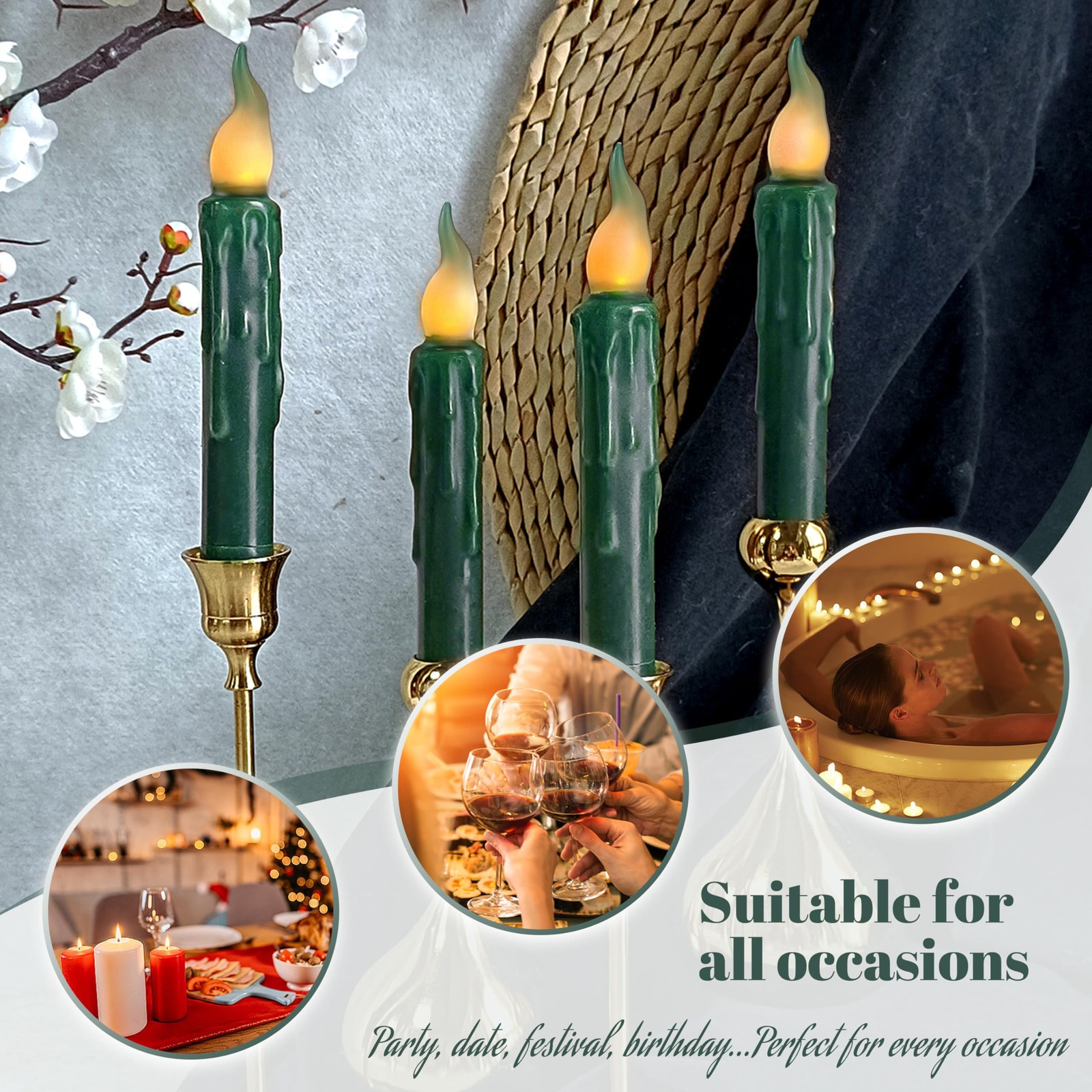 4 PCS 6.7 In Dark Green Flameless Short Taper Candles Real Wax Remote LED Light
