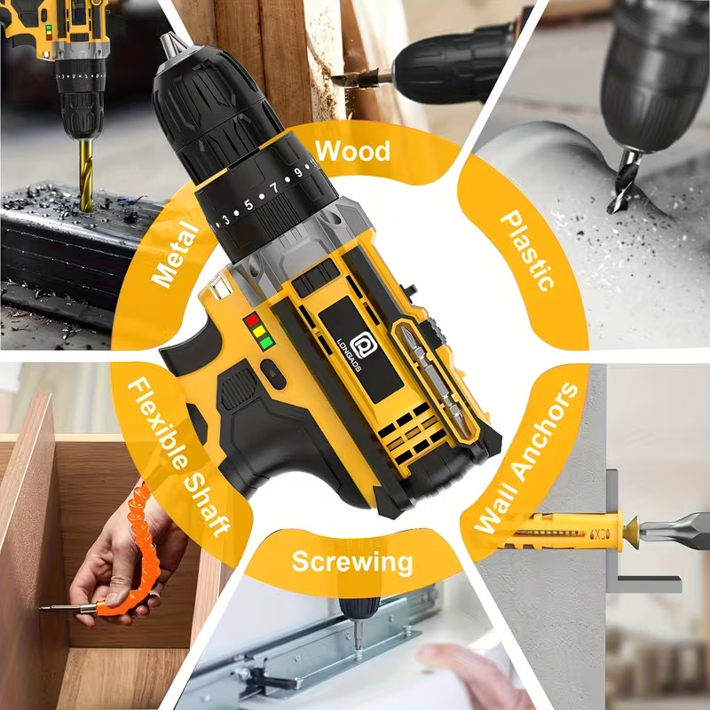 21V Cordless Hammer Drill Set Electric Impact Driver Screwdriver & 1/2 Battery